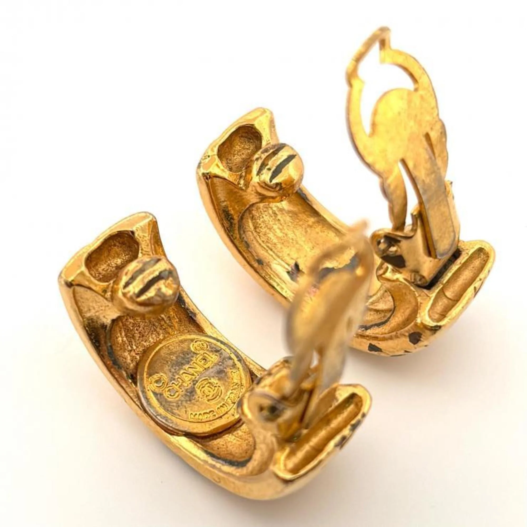 Vintage Clip-On Earrings Logo Hoop Gold-Tone Metal - Image 6