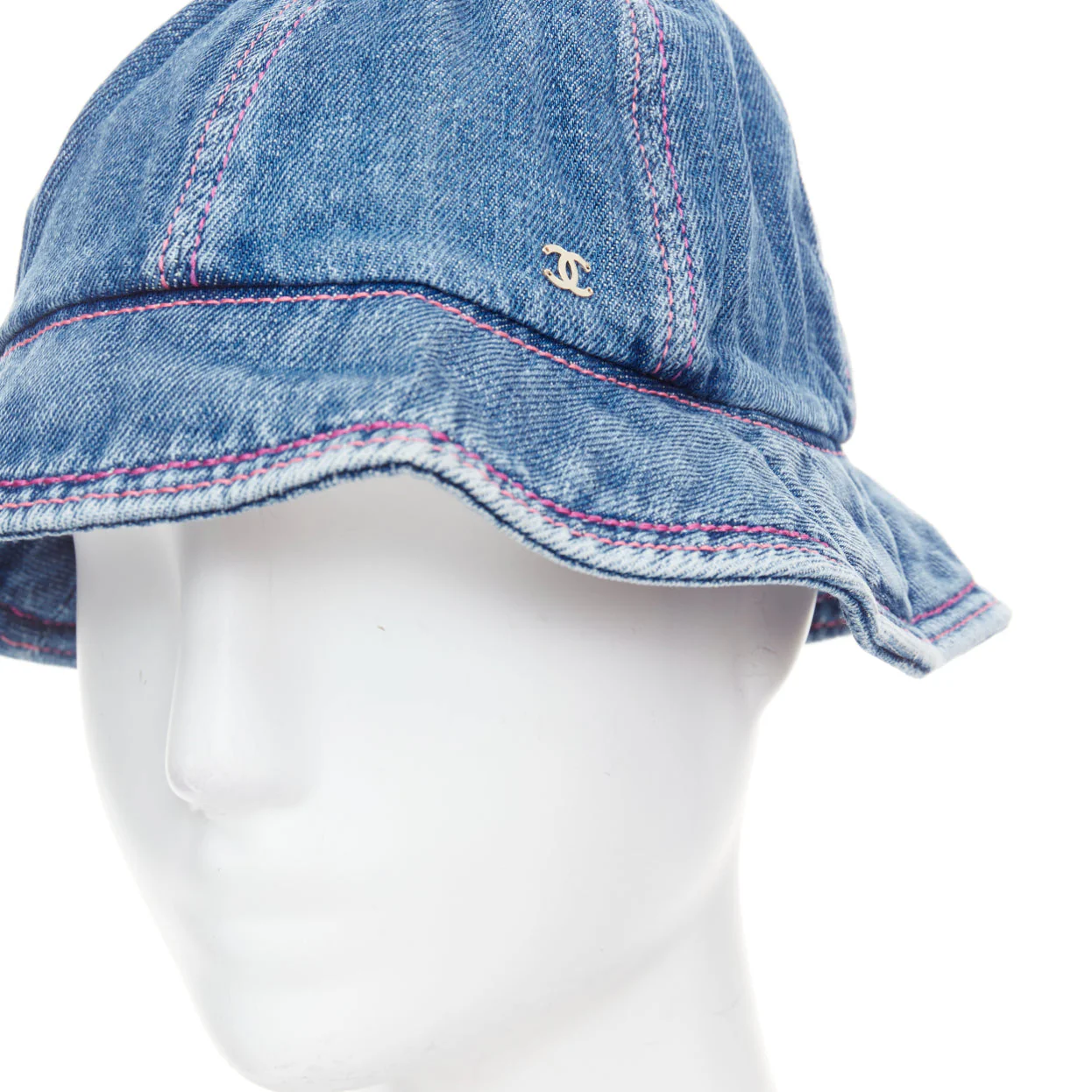 Chanel washed denim silver CC logo red topstitch bucket hat - Image 8