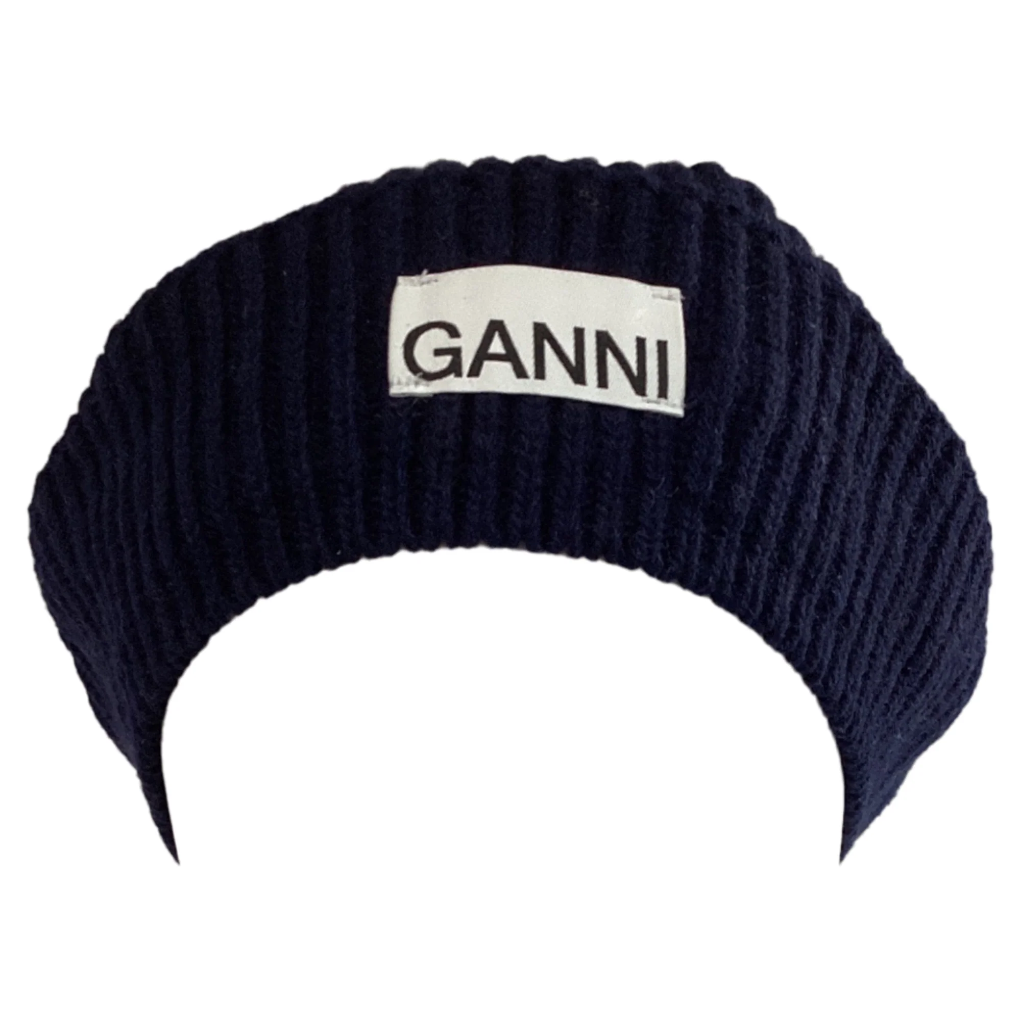 Ganni Rib Knit Beret in Navy Blue Wool