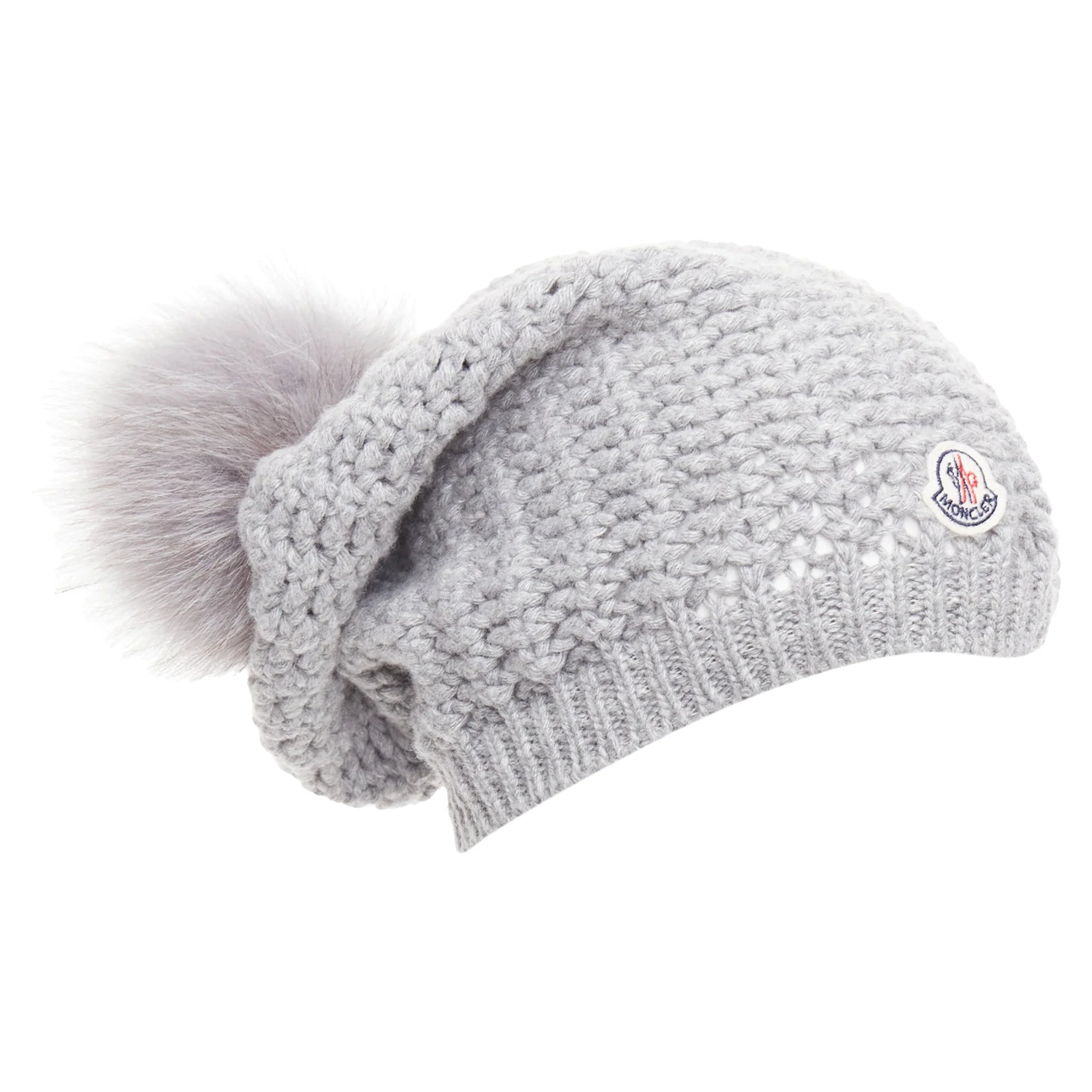 Moncler grey fur pom pom beanie