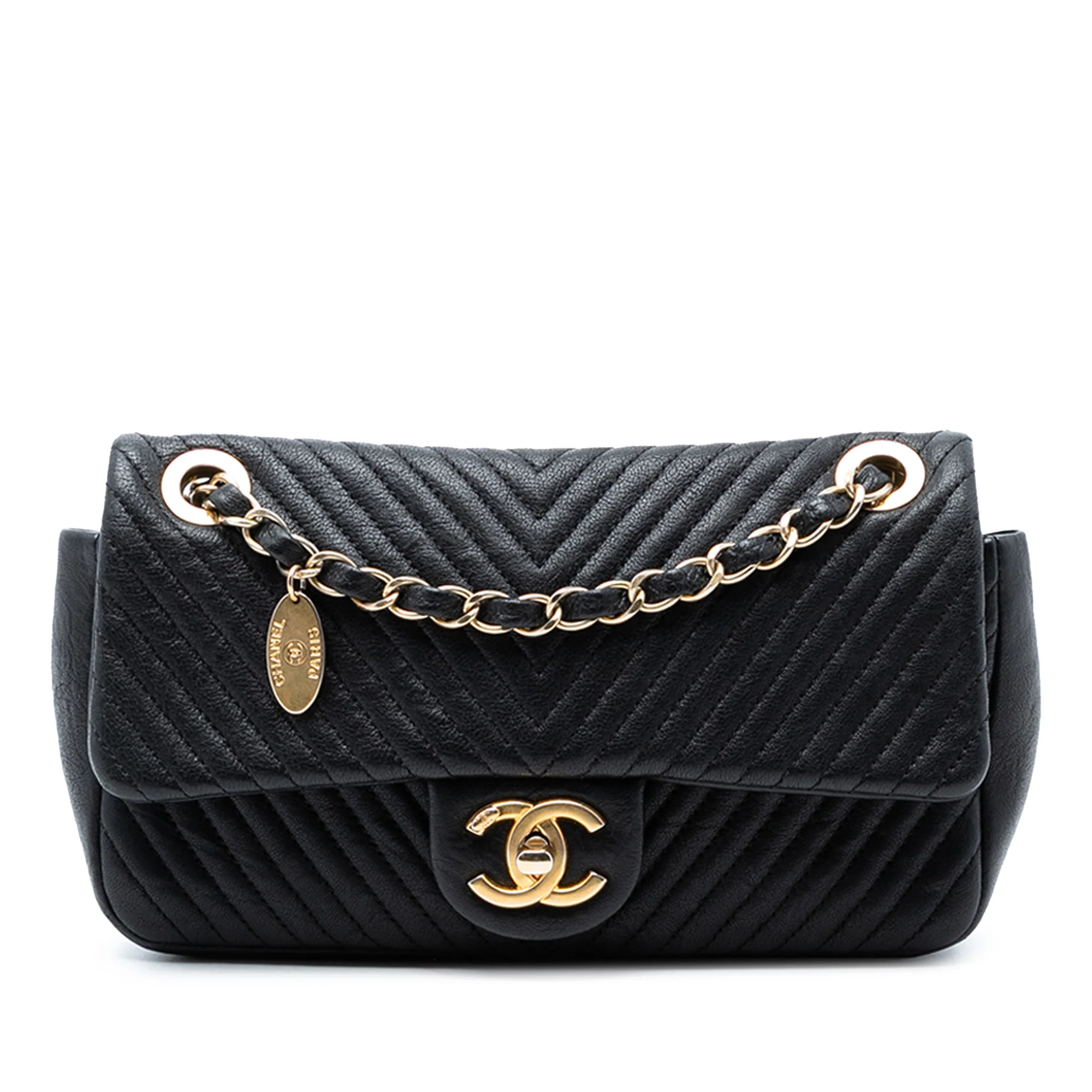 Medallion Charm Flap Bag Chevron Wrinkled Lambskin Small