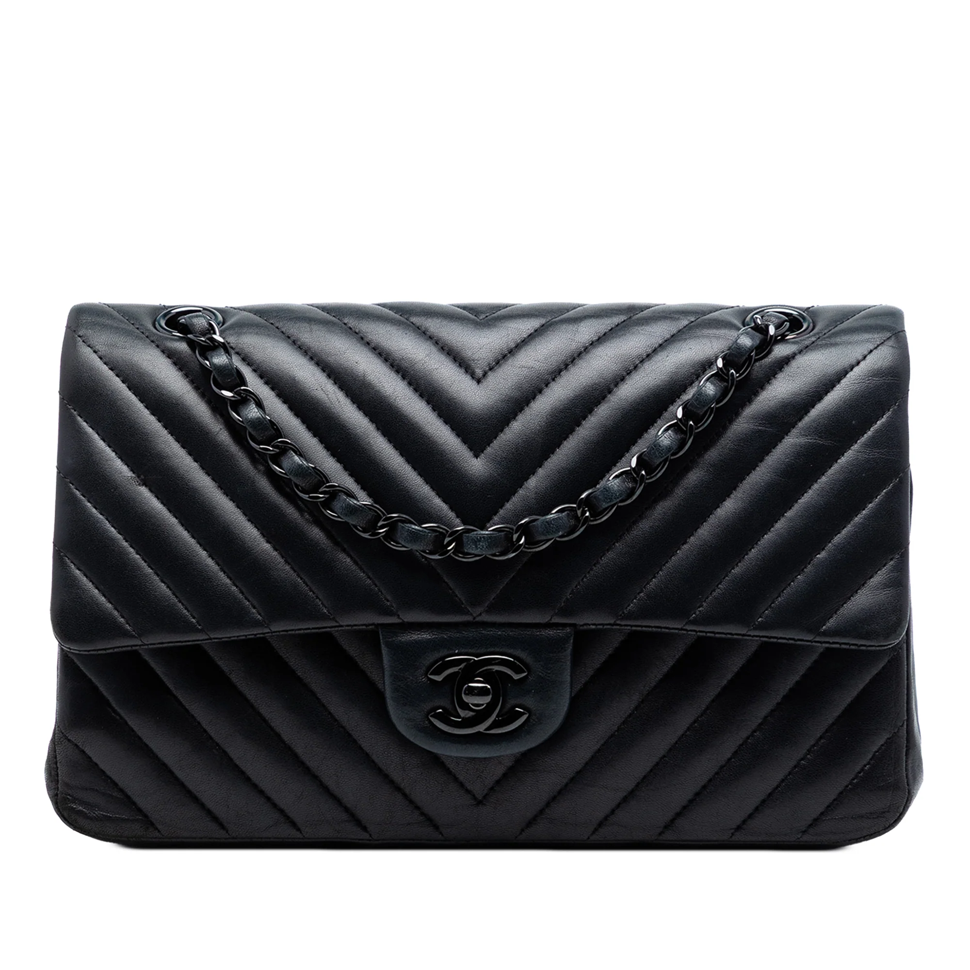 So Black Classic Double Flap Bag Chevron Lambskin Medium