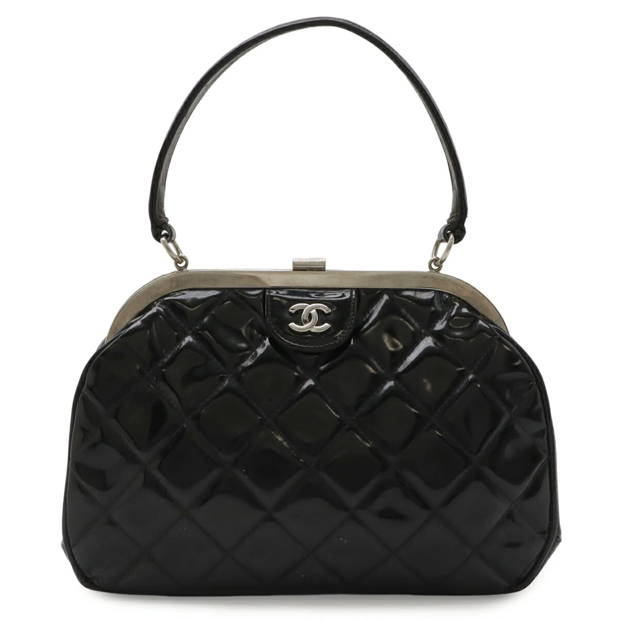 Vintage CC Frame Top Handle Bag Quilted Patent Small - Image 2