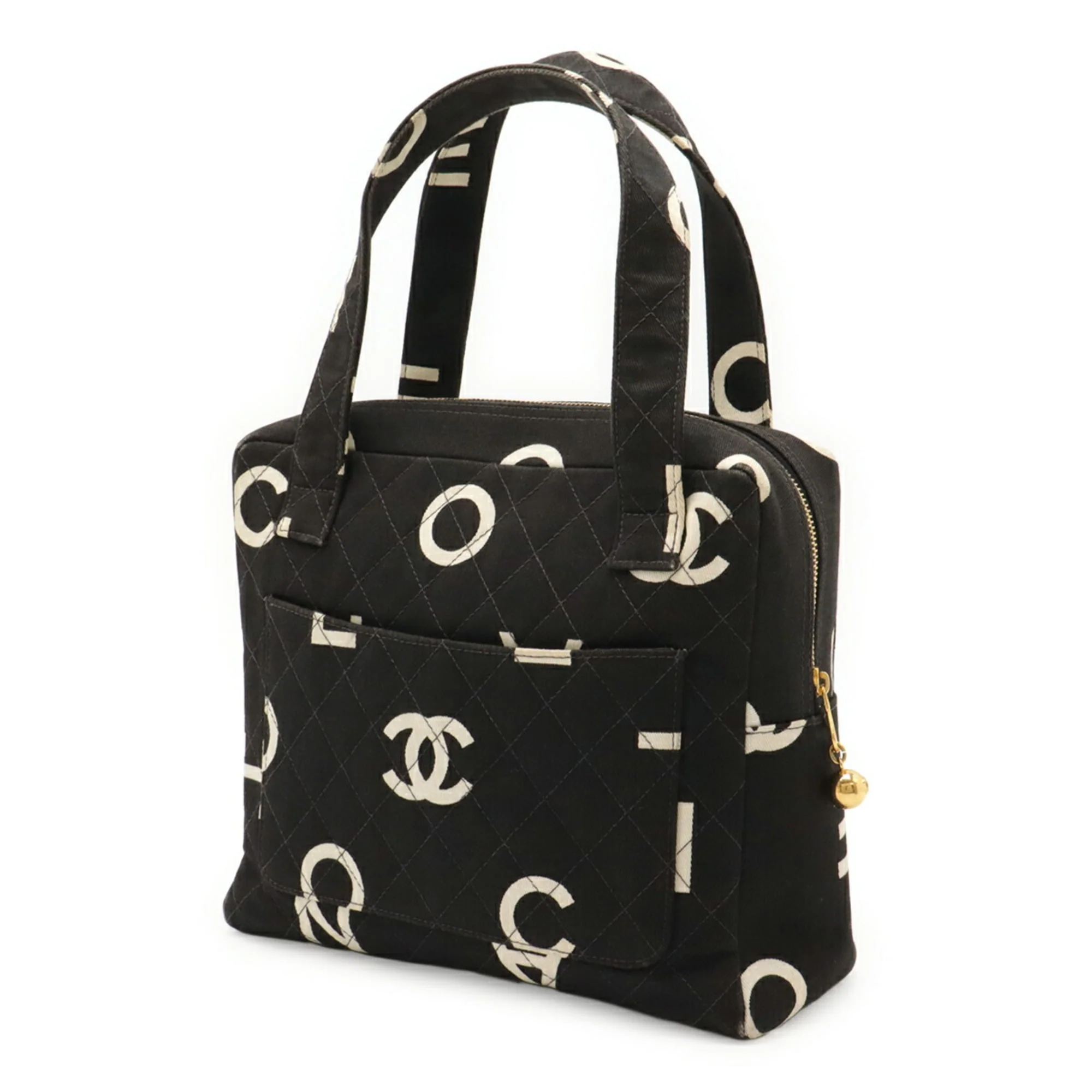 Vintage Coco Logo Zip Around Handle Bag Quilted Printed Canvas Small - Image 3