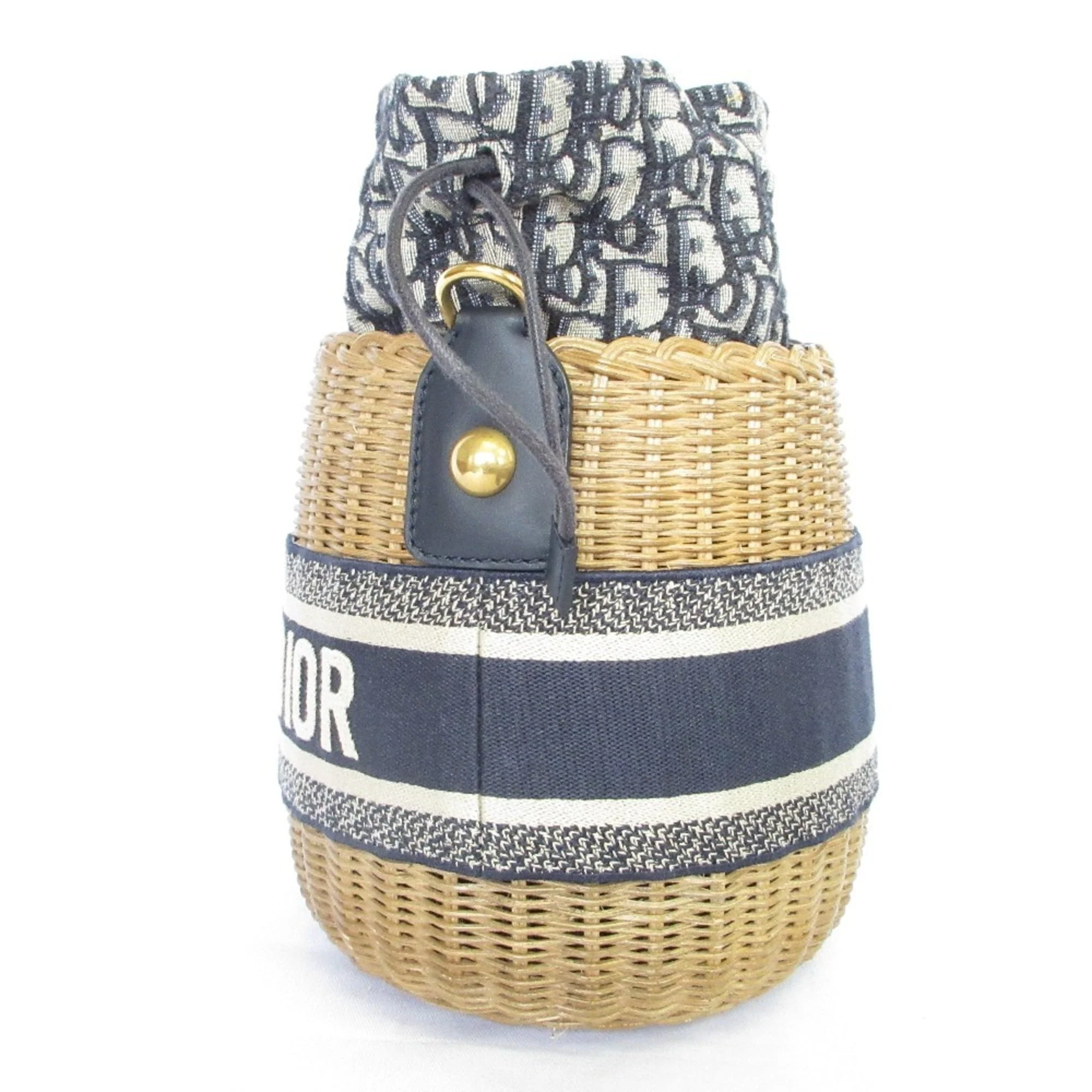 Drawstring Bucket Bag Wicker with Oblique Canvas - Image 5