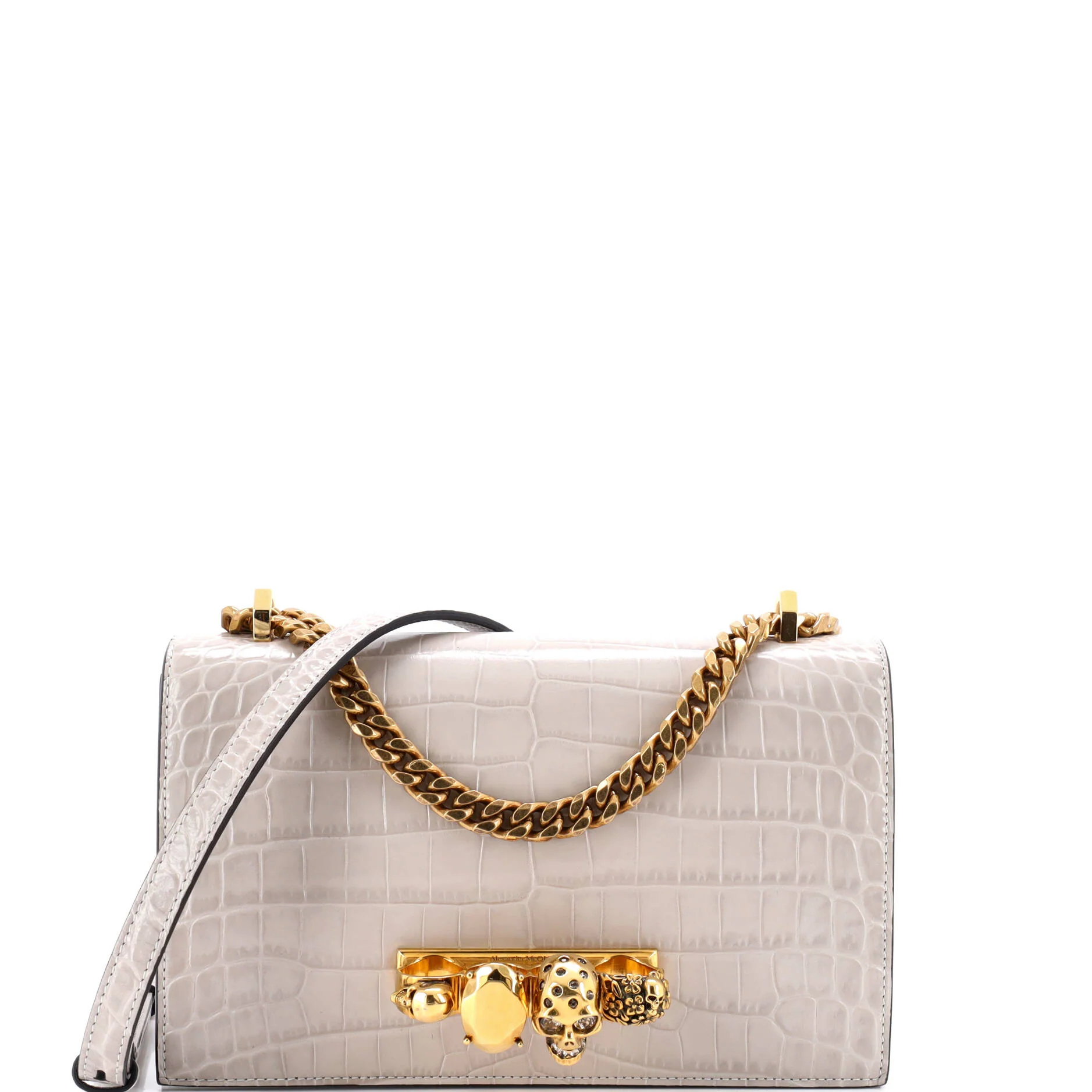 Jewelled Flap Satchel Crocodile Embossed Leather Medium