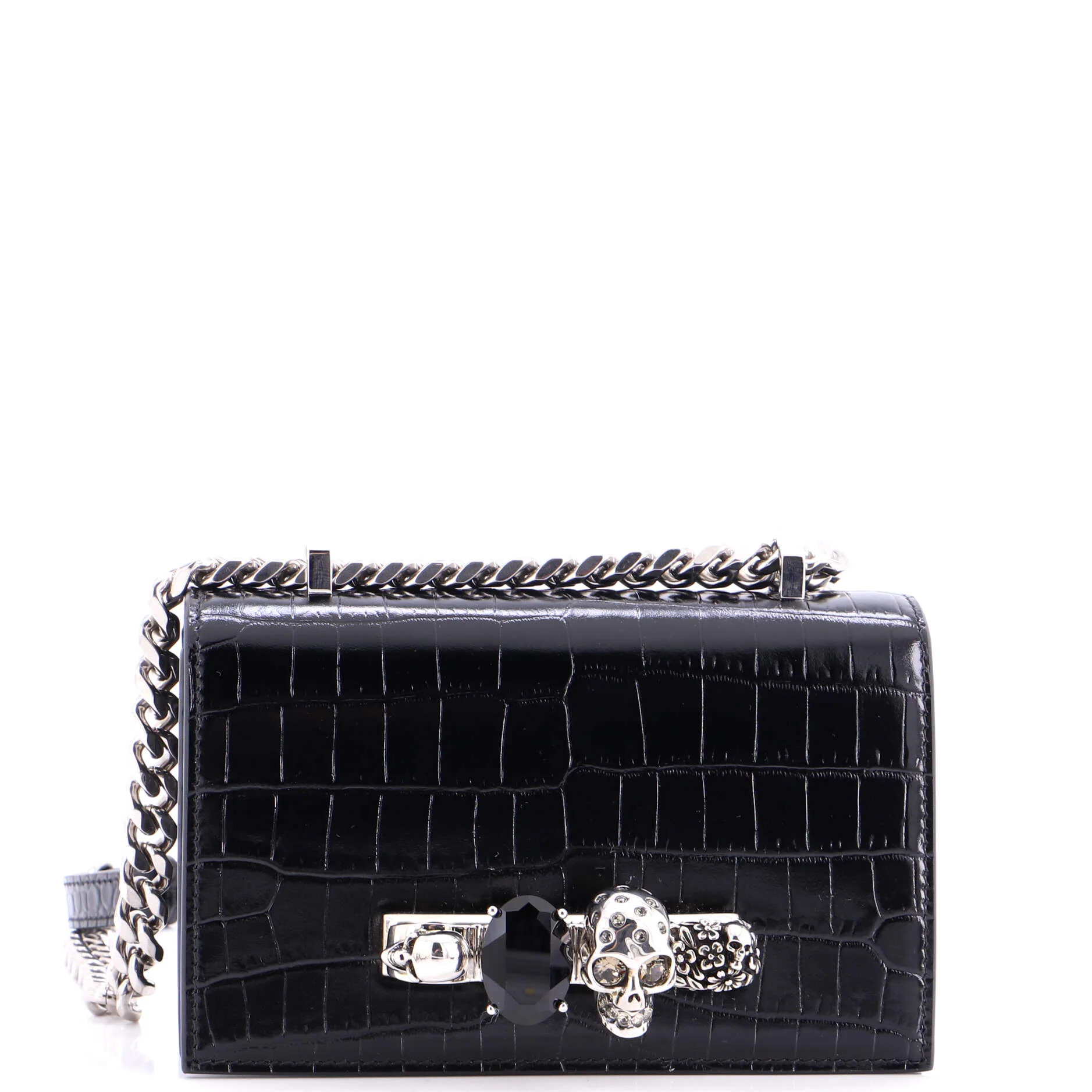 Jewelled Flap Satchel Crocodile Embossed Leather Mini