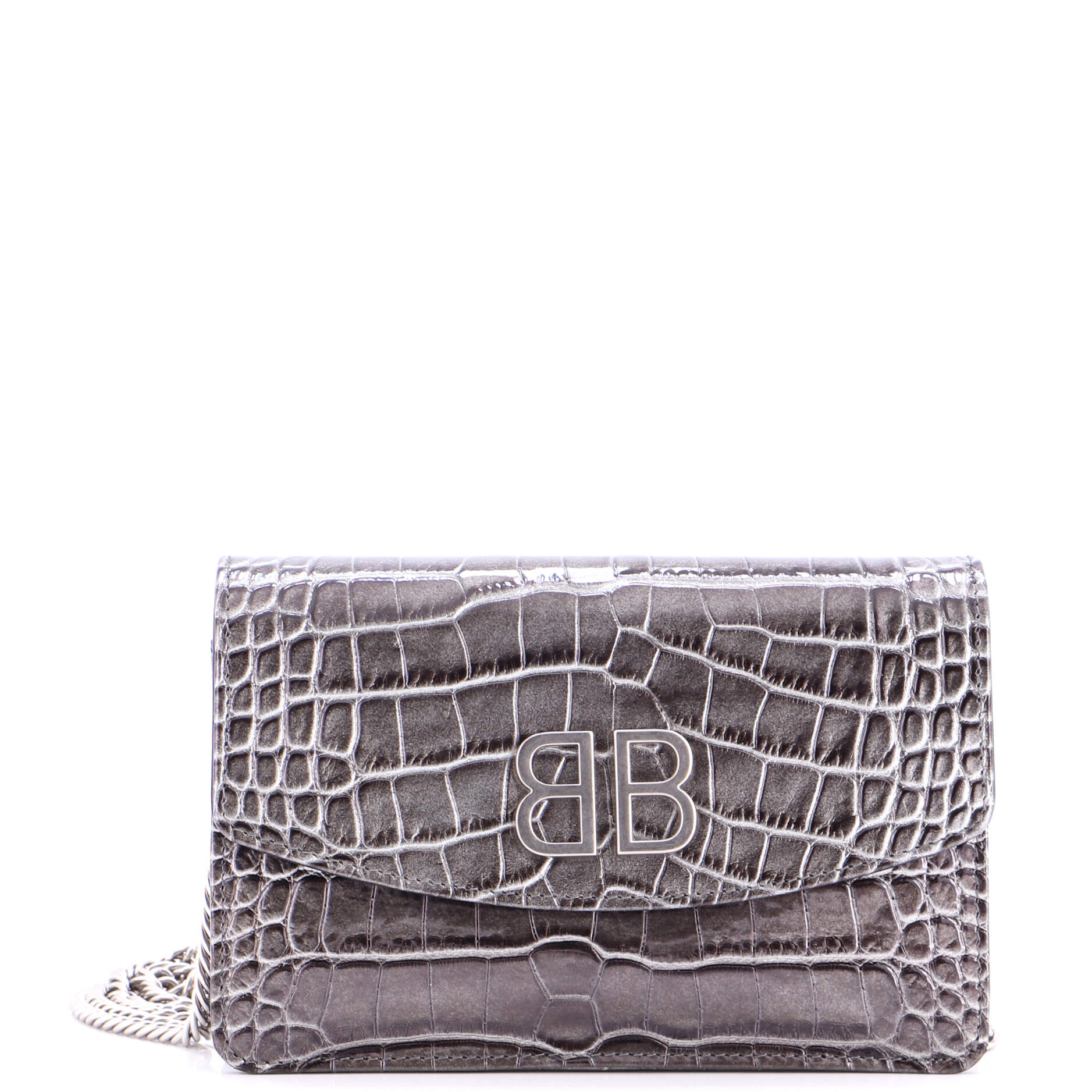 BB Chain Round Shoulder Bag Crocodile Embossed Leather Small