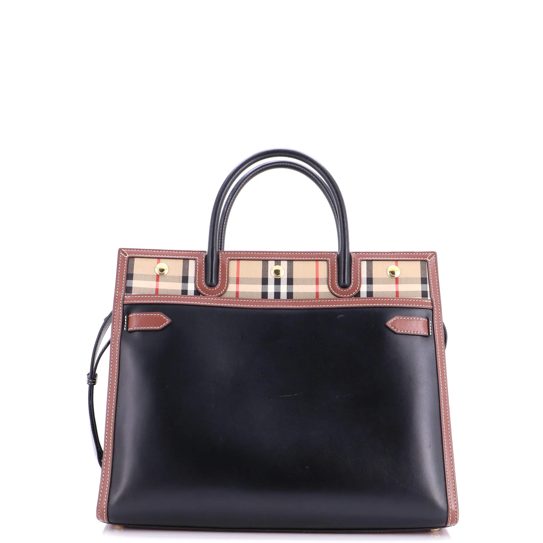 Title Two Handle Tote Leather with Vintage Check Canvas Medium
