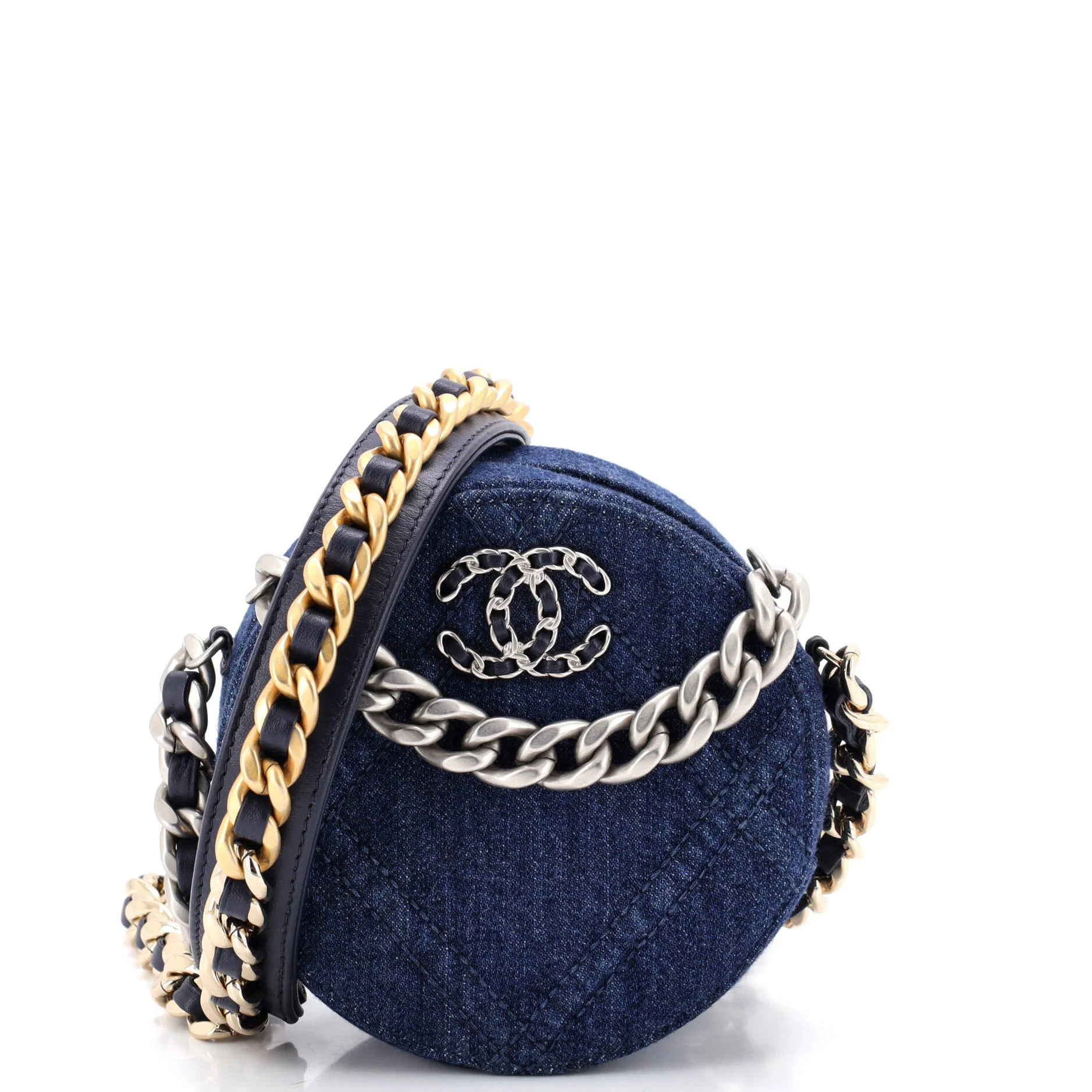19 Round Clutch with Chain Quilted Denim