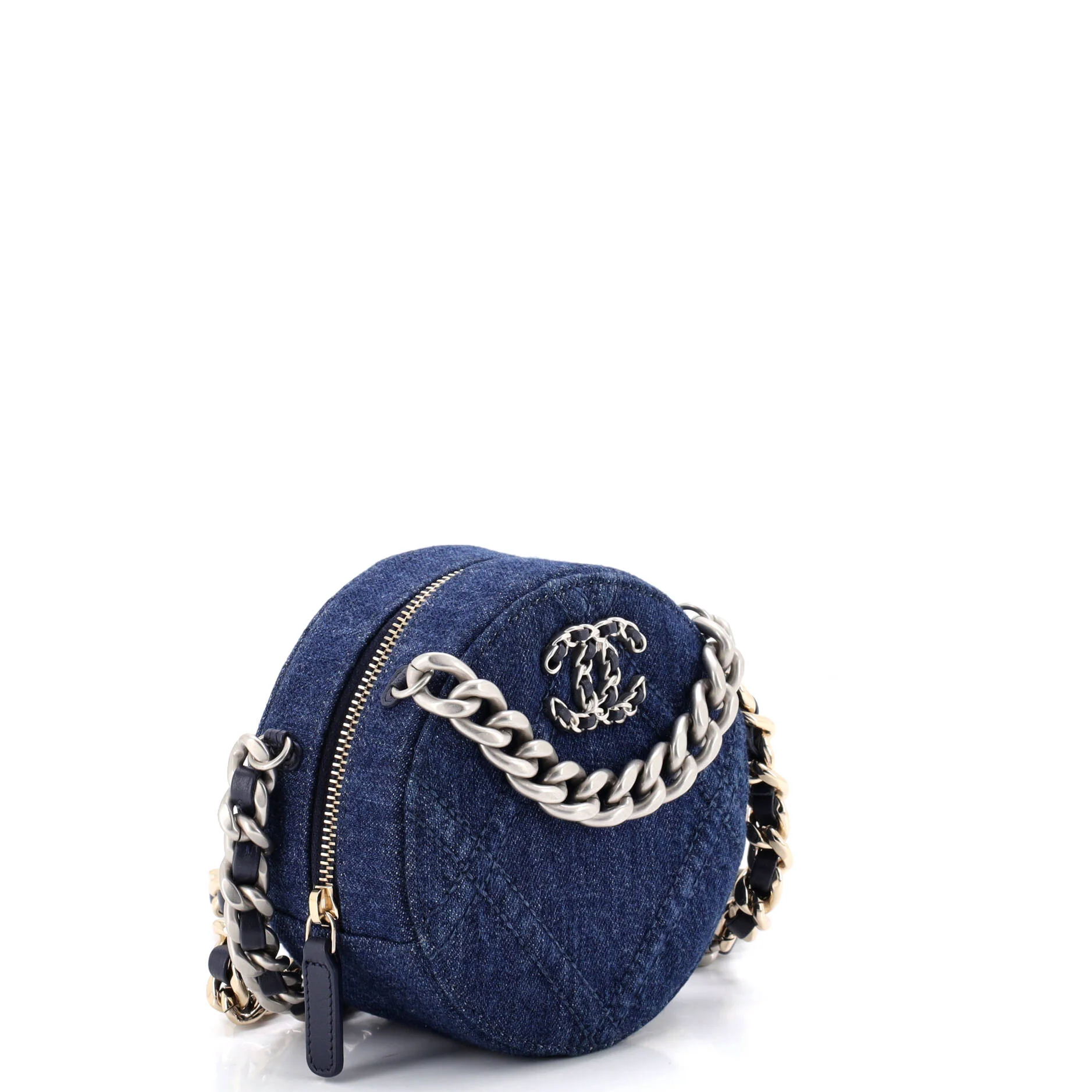 19 Round Clutch with Chain Quilted Denim - Image 2
