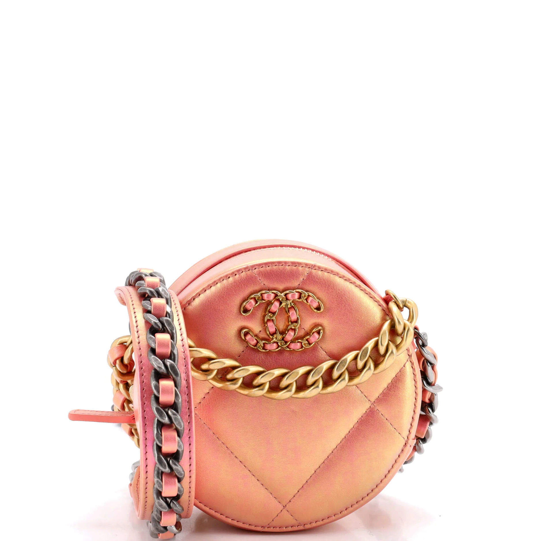 19 Round Clutch with Chain Quilted Iridescent Calfskin