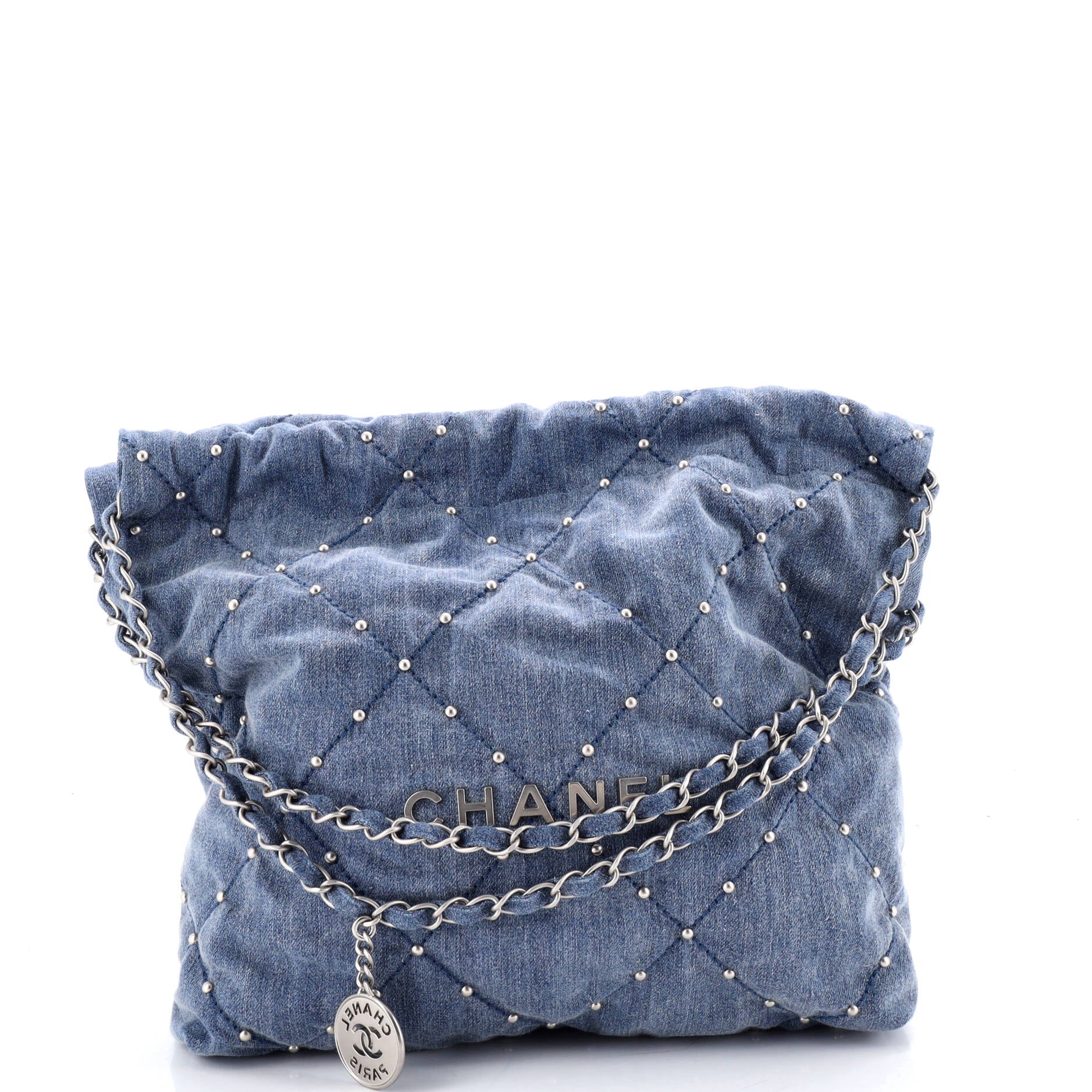 22 Chain Hobo Quilted Studded Denim Small