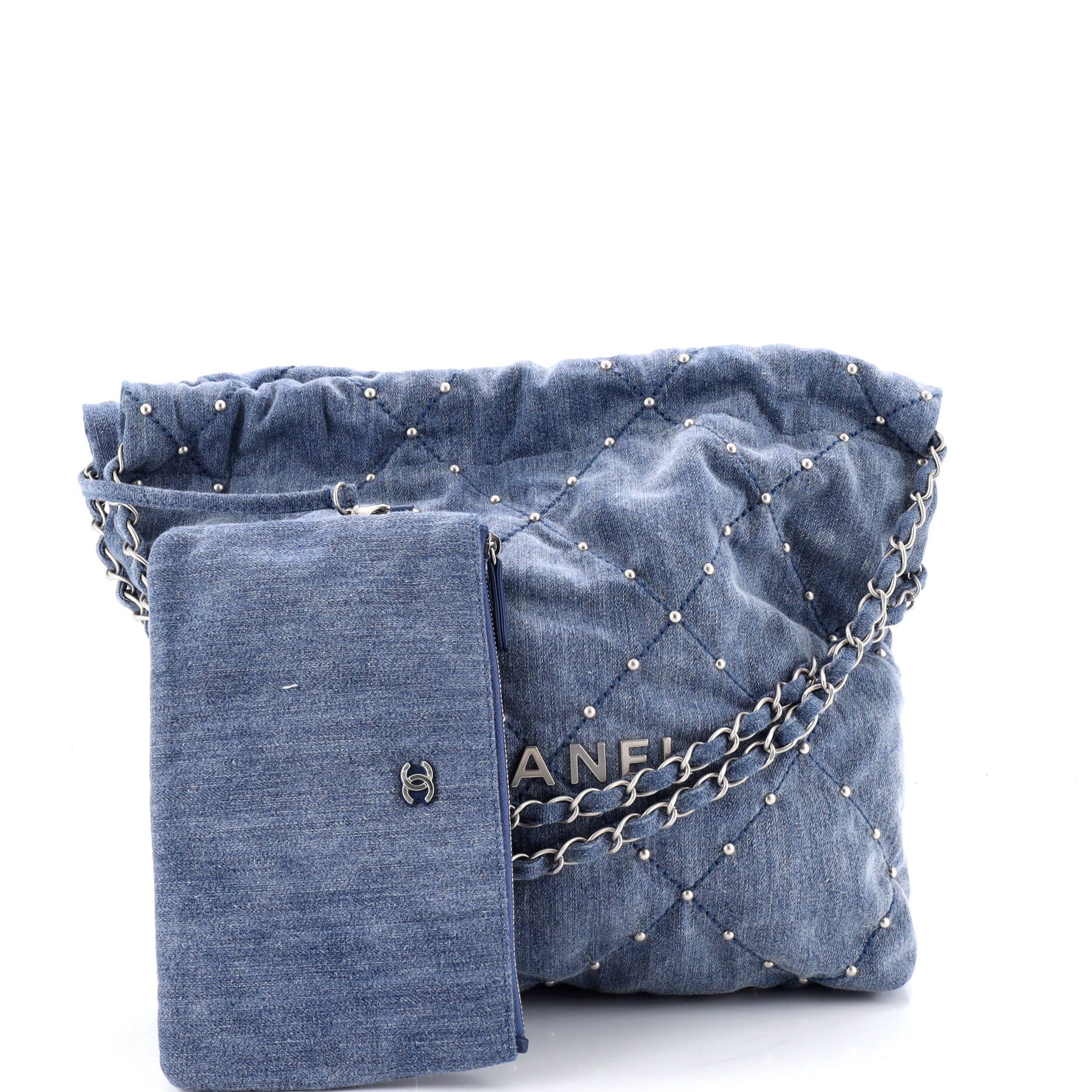 22 Chain Hobo Quilted Studded Denim Small - Image 2