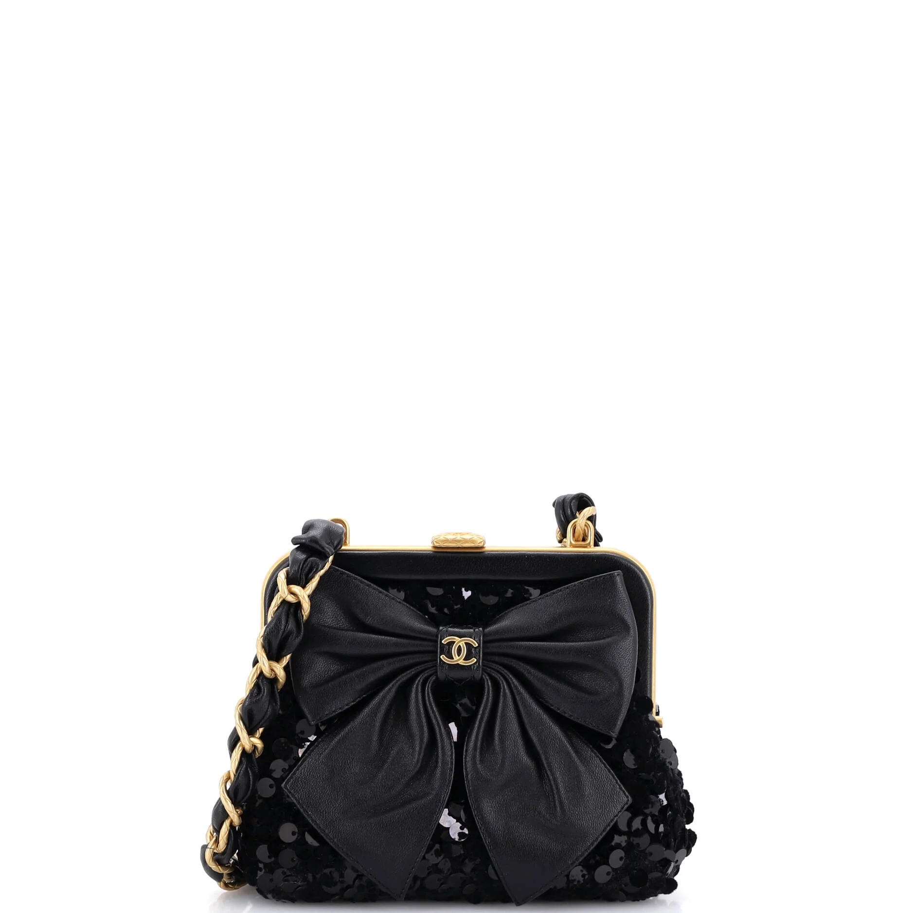 Bow Frame Clutch With Chain Sequin Embellished Tweed with Leather Mini