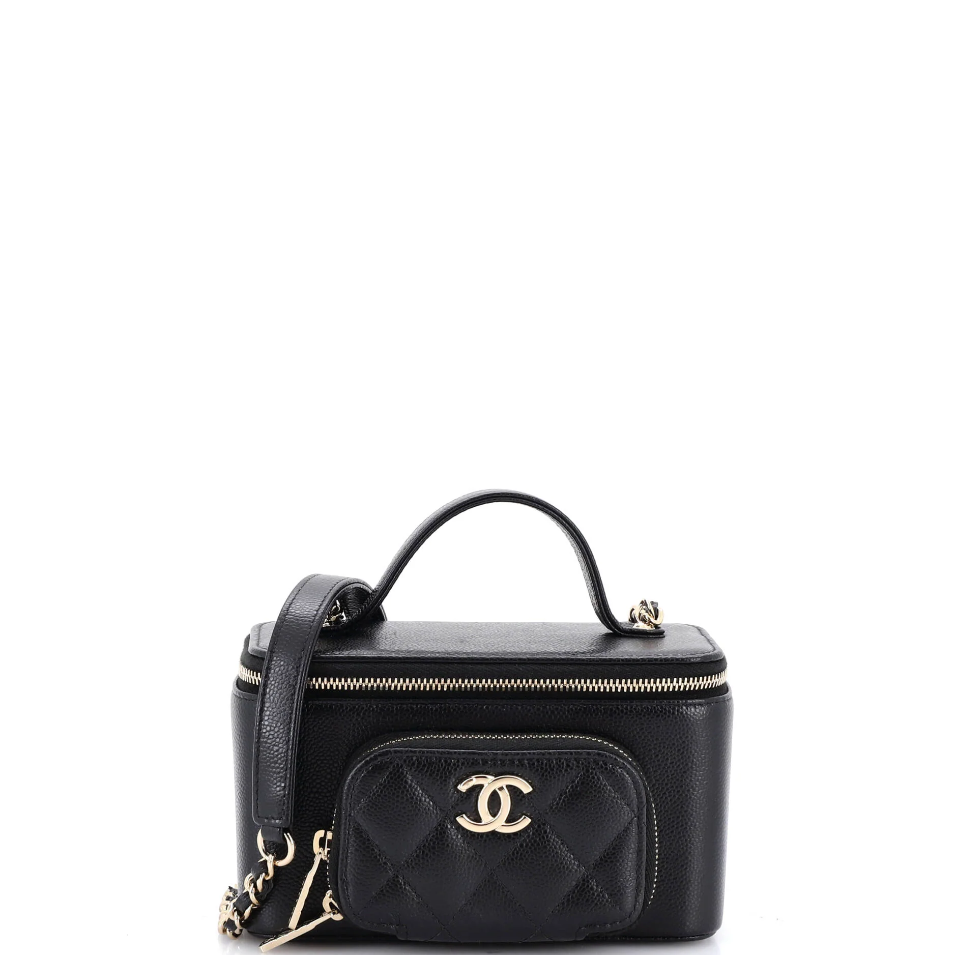 Business Affinity Top Handle Vanity Case with Chain Quilted Caviar Small