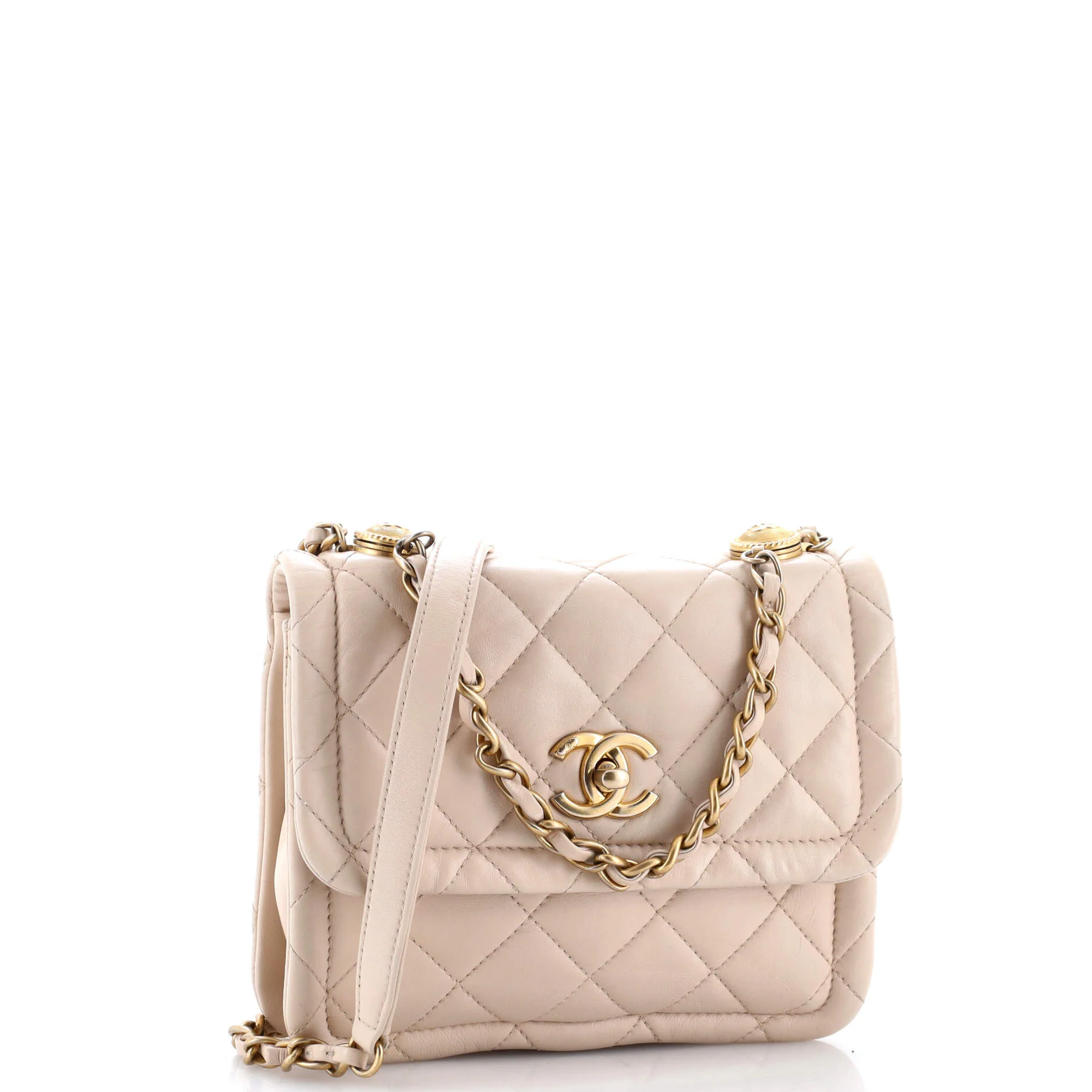Button on Top Flap Bag Quilted Shiny Lambskin Small - Image 2