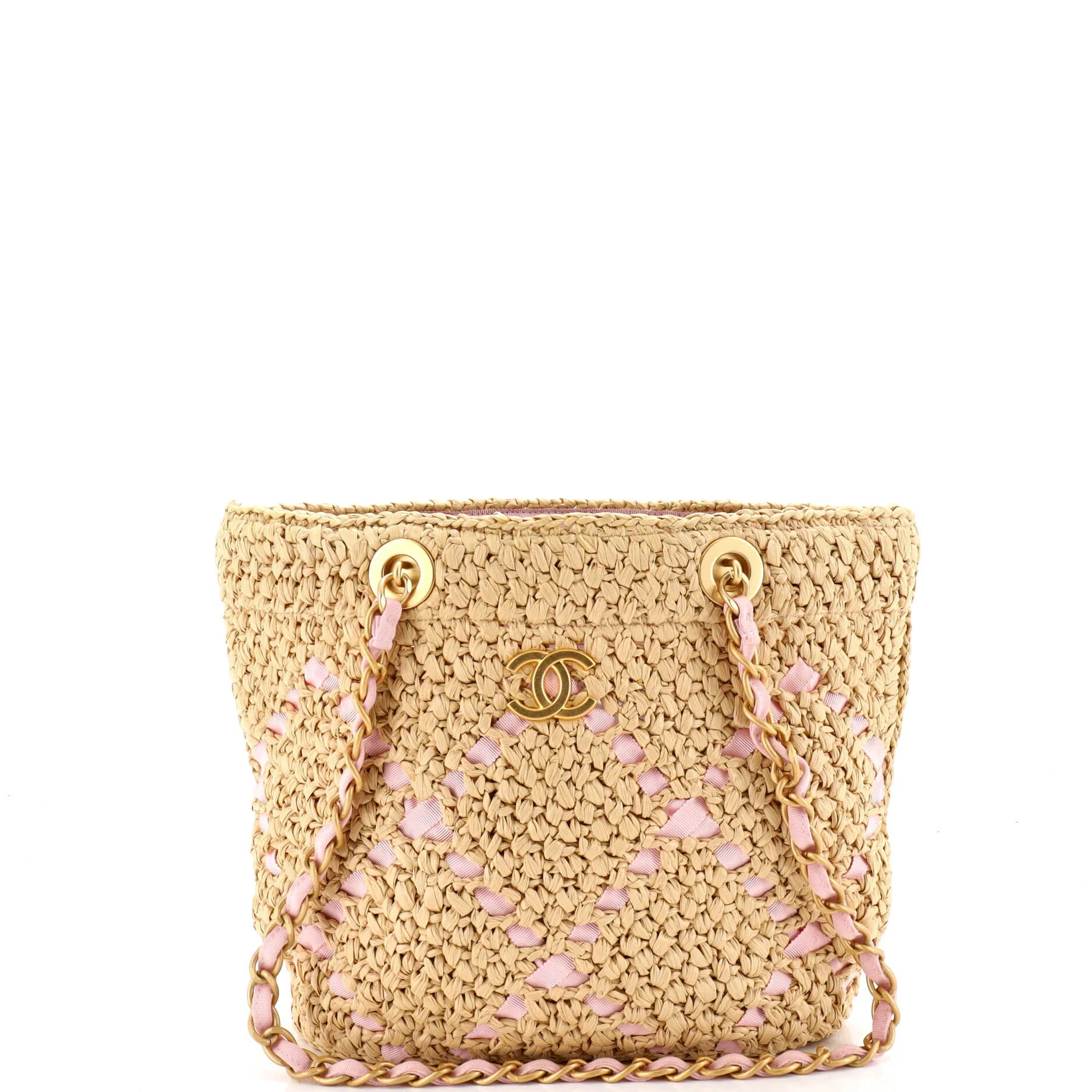 CC Braided Shopping Tote Raffia with Grosgrain Small