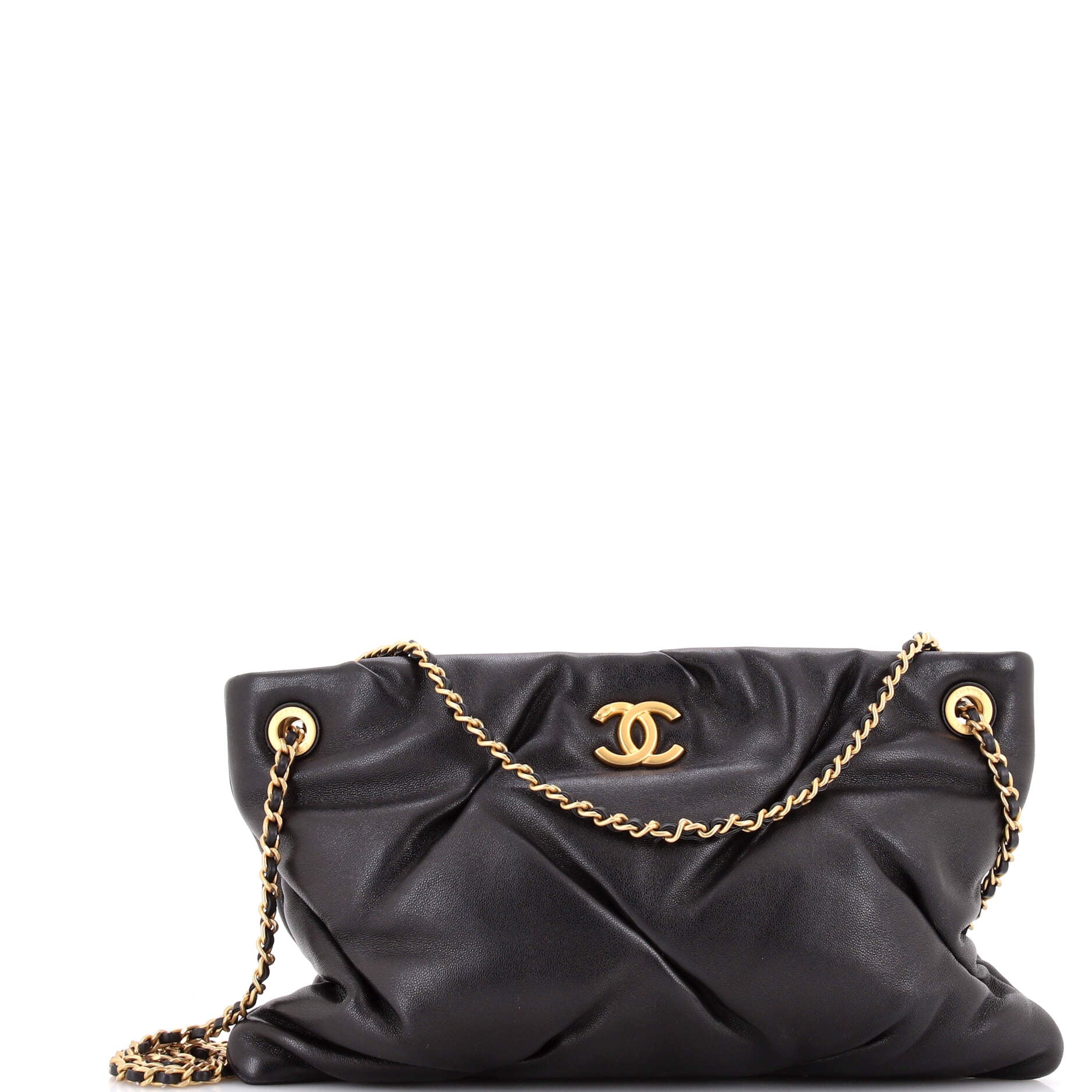 CC Chain Ruched Shoulder Bag Quilted Lambskin Large