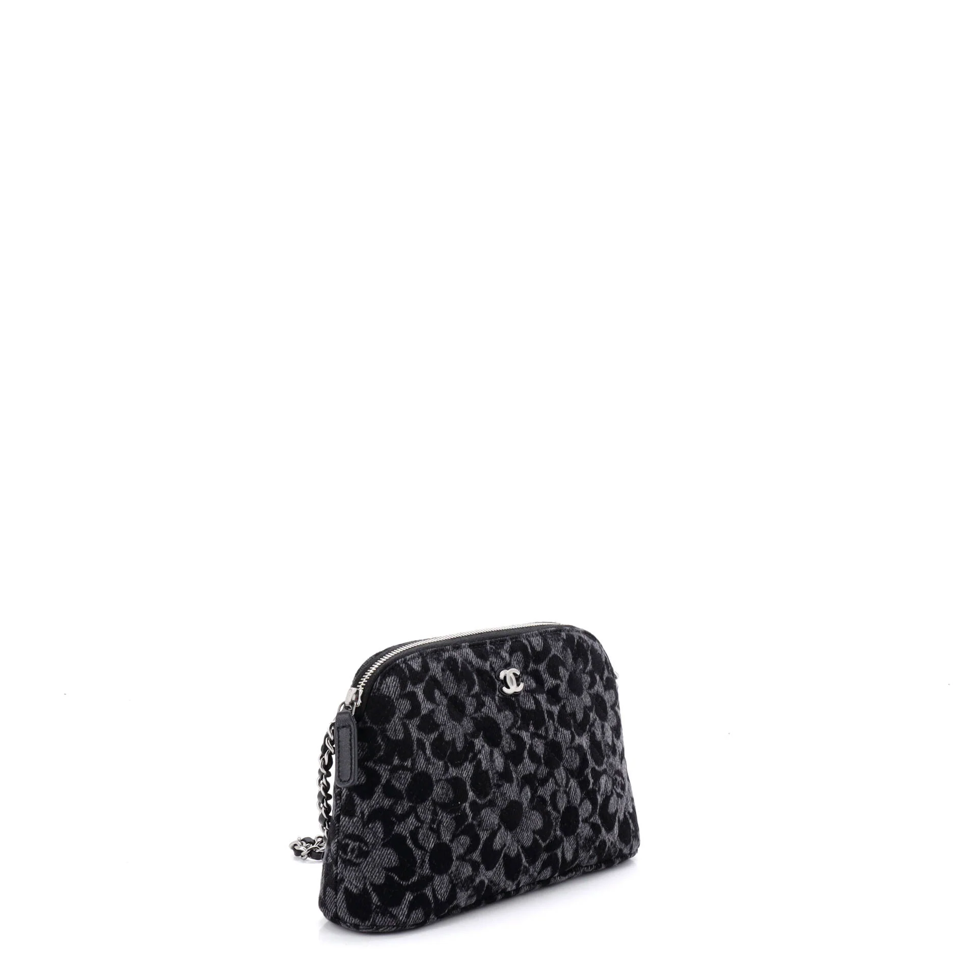 CC Dome Zip Clutch with Chain Quilted Printed Denim Small - Image 2