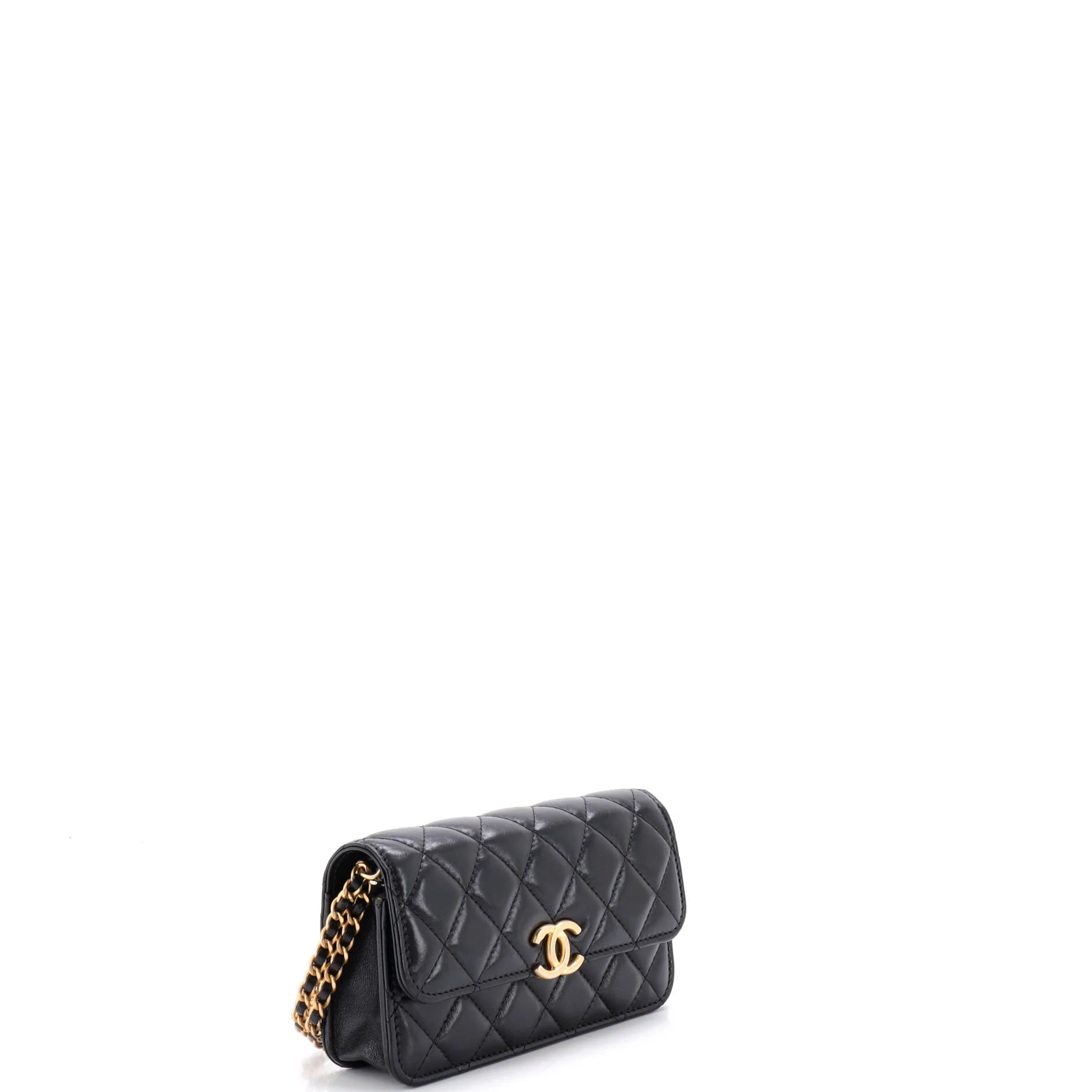 CC Woven Flap Phone Holder with Chain Quilted Shiny Lambskin - Image 2