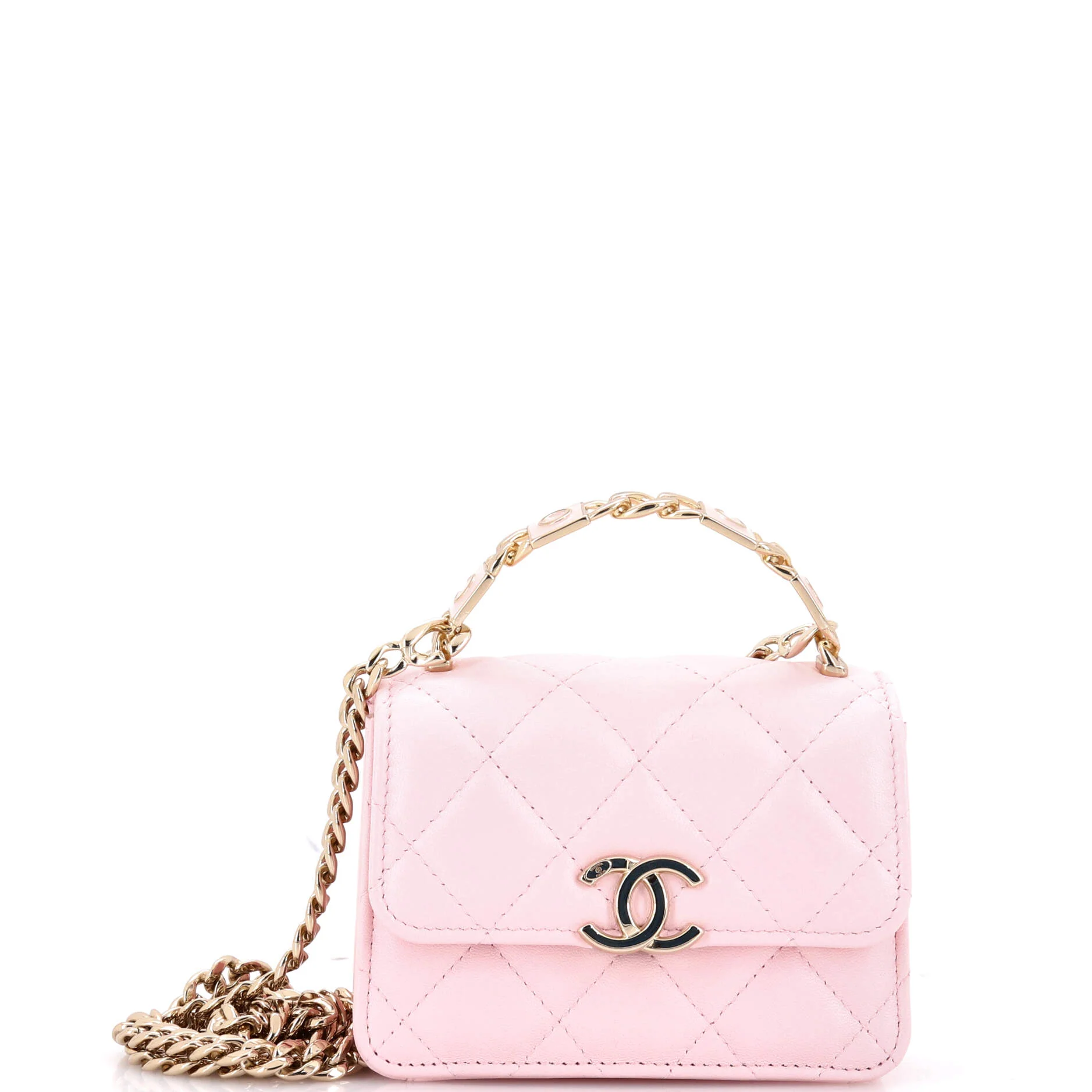Coco Enamel Top Handle Flap Clutch with Chain Quilted Lambskin