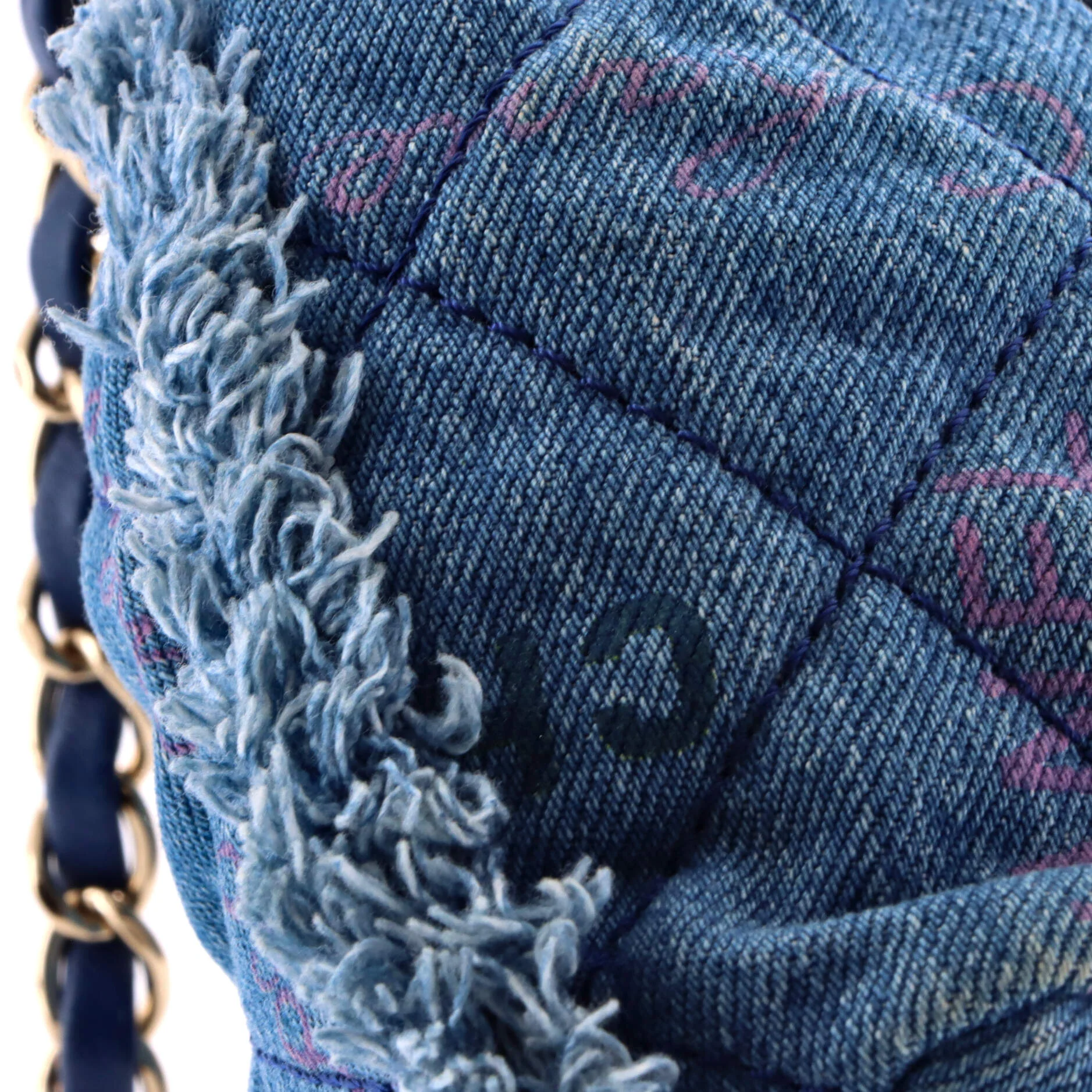 Denim Mood Chain Bucket Bag Logo Printed Quilted Fringe Denim Medium - Image 6
