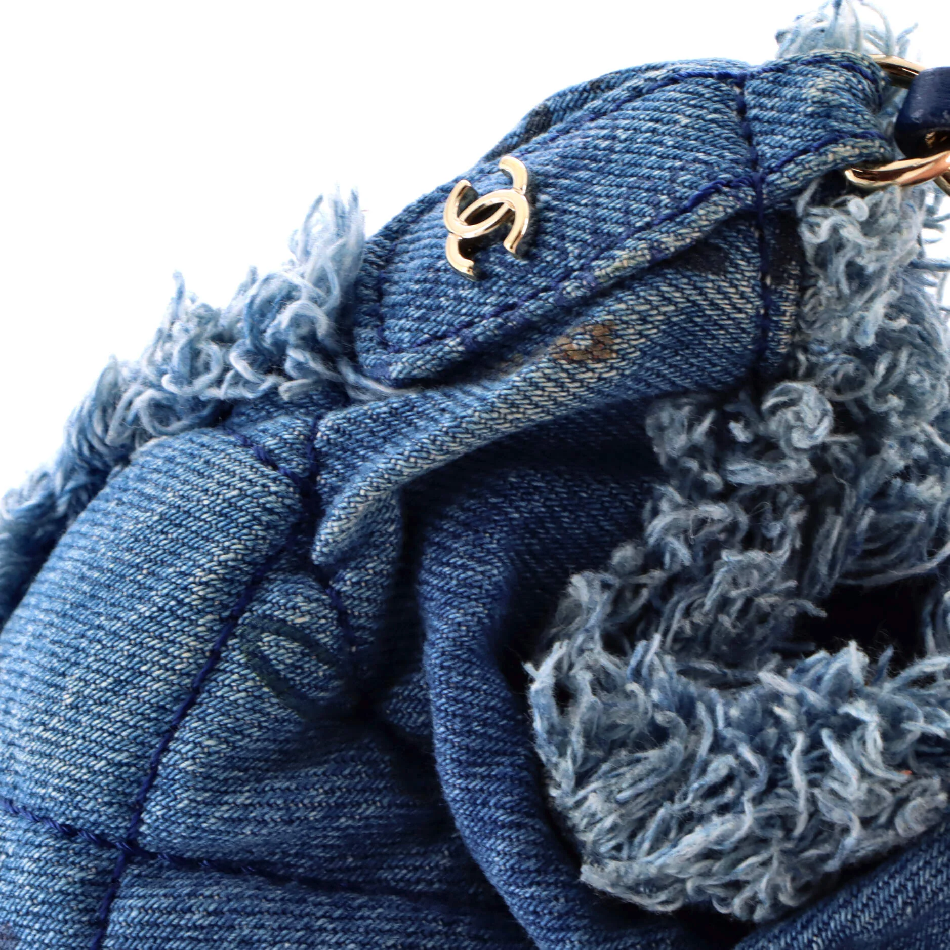Denim Mood Chain Bucket Bag Logo Printed Quilted Fringe Denim Medium - Image 7