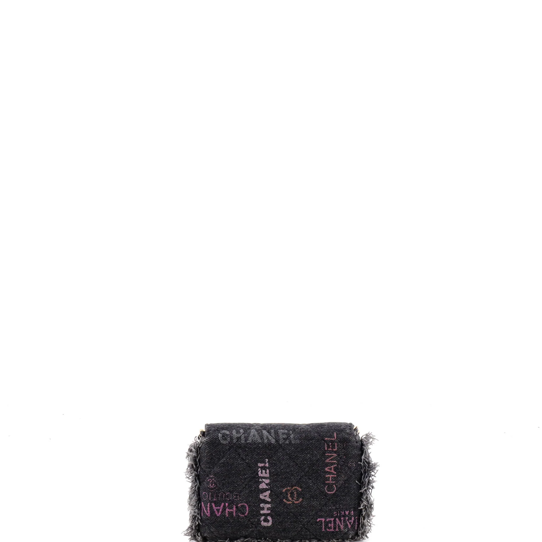 Denim Mood Flap Clutch with Chain Logo Printed Quilted Fringe Denim - Image 4
