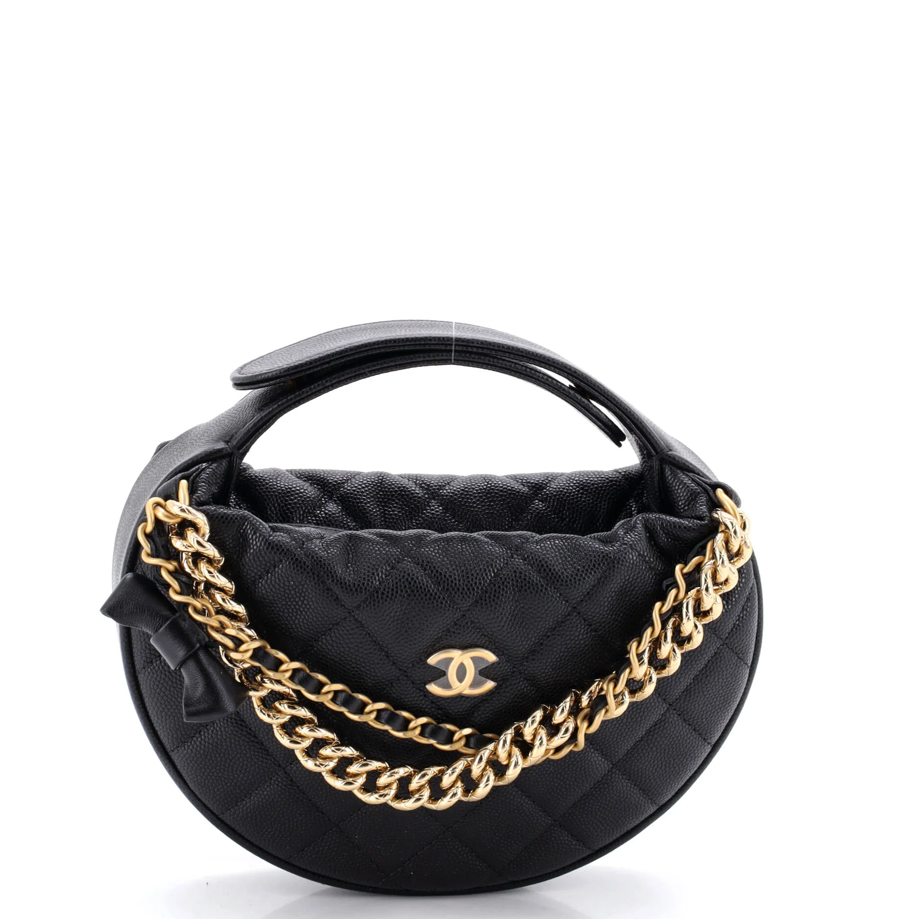 Double Chain Bow Hobo Pouch Quilted Caviar Mini
