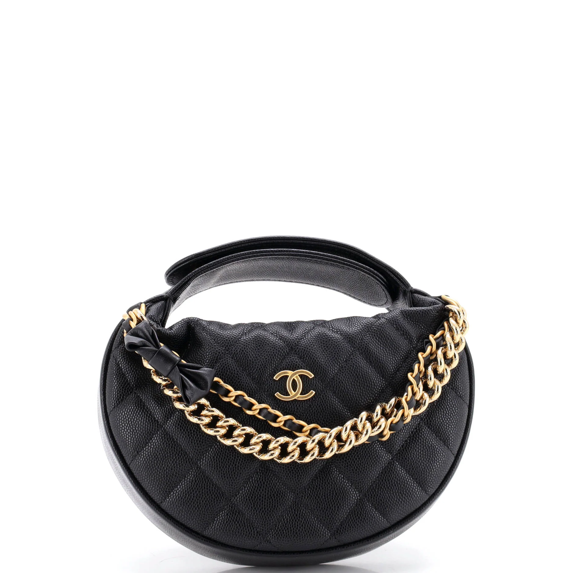 Double Chain Bow Hobo Pouch Quilted Caviar Mini