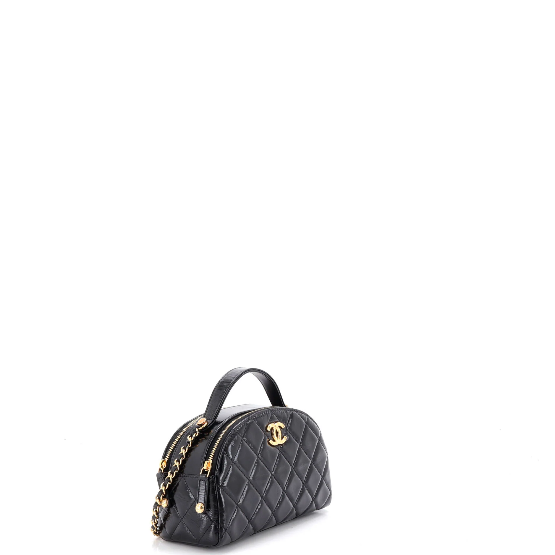 Double Zip Top Handle Vanity Case with Chain Quilted Shiny Calfskin Small - Image 2