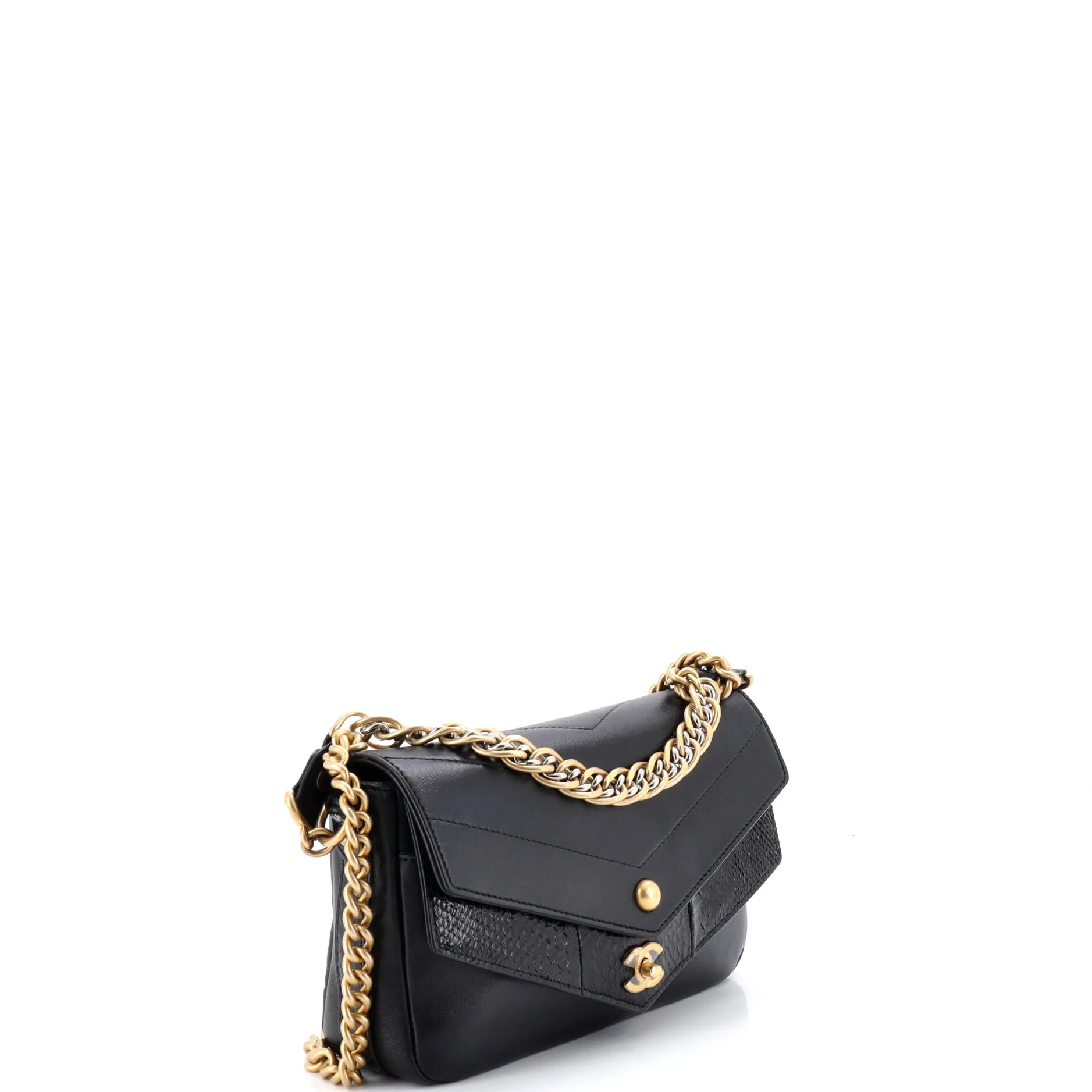 Elaphe Chain Double Flap Bag Chevron Calfskin with Snakeskin Mini - Image 2