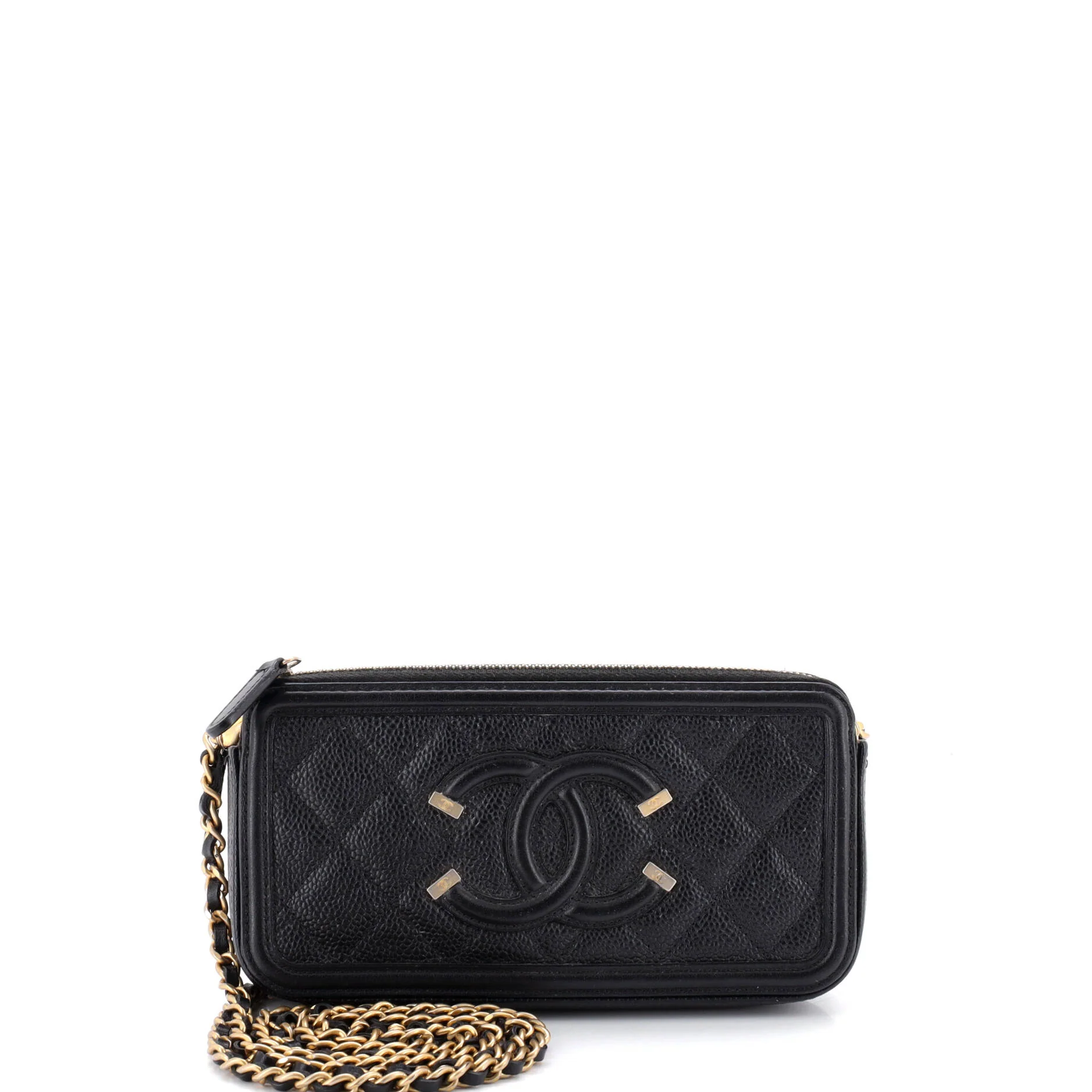 Filigree Double Zip Clutch with Chain Quilted Caviar
