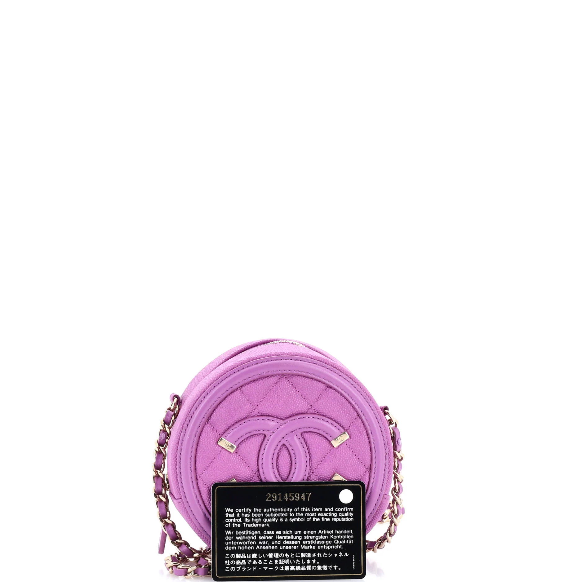 Filigree Round Clutch with Chain Quilted Caviar Mini - Image 2