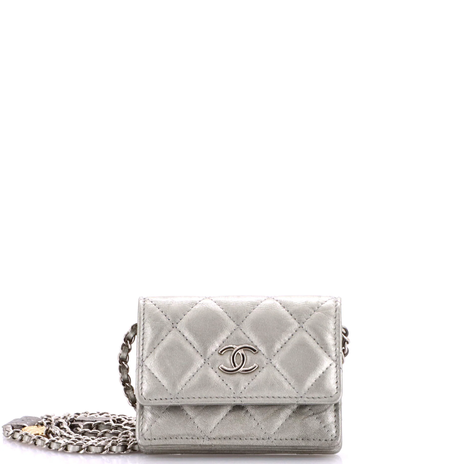 Flap Card Holder on Chain with Charms Quilted Aged Calfskin Mini
