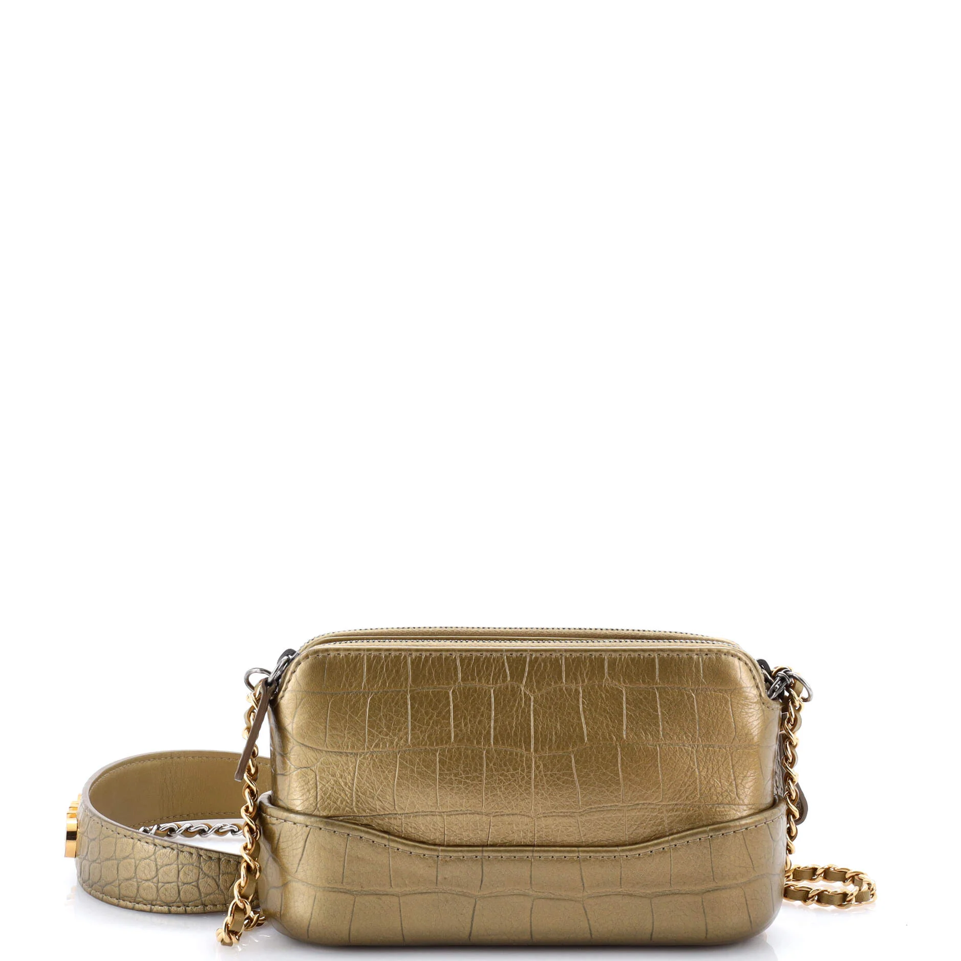 Gabrielle Logo Handle Double Zip Clutch with Chain Crocodile Embossed Calfskin - Image 4