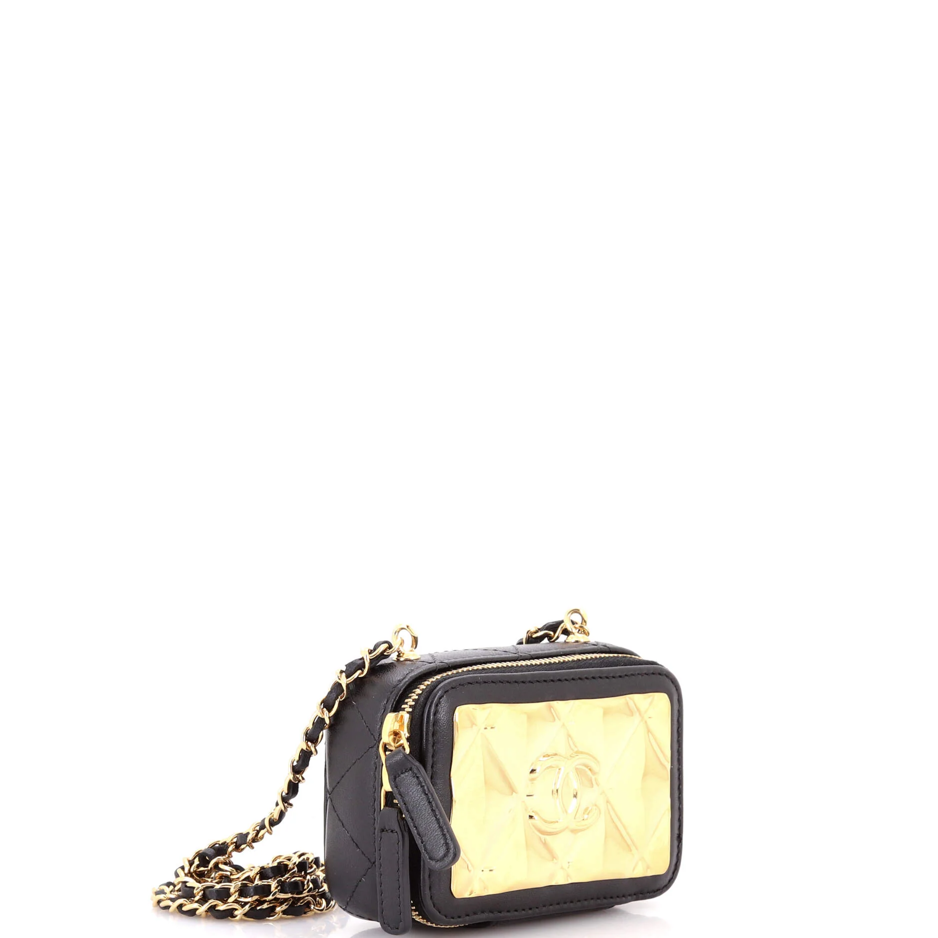Golden Plate Zip Around Vanity Case with Chain Quilted Metal and Lambskin Extra Mini - Image 2
