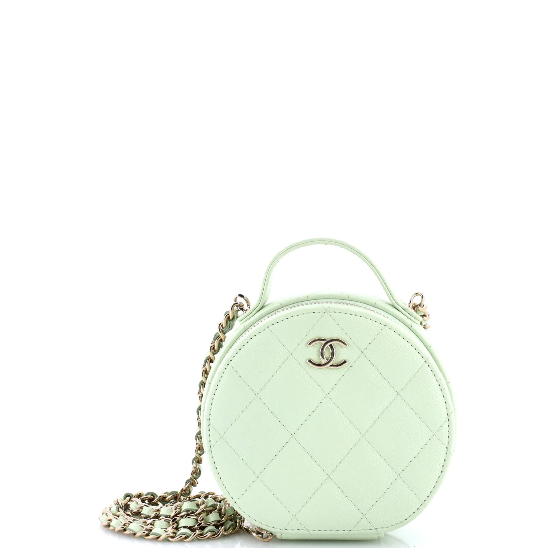 Handle with Care Round Vanity Case with Chain Quilted Caviar Small