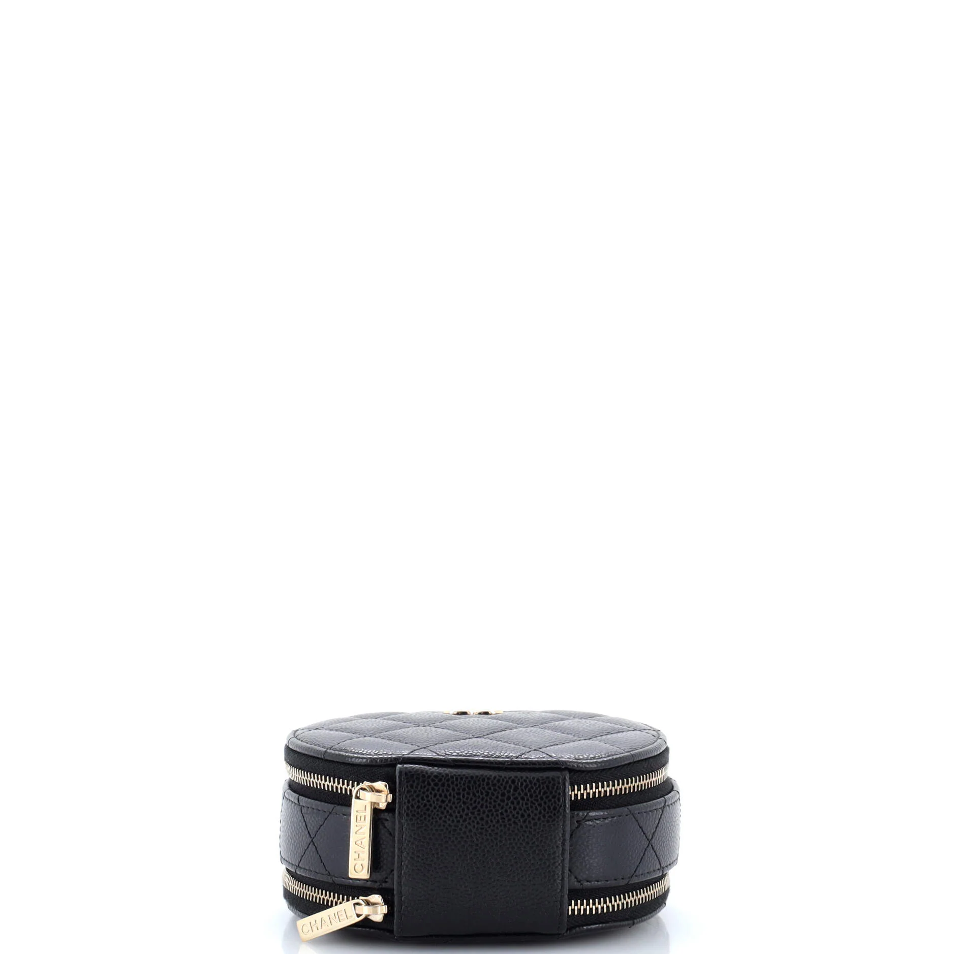 Handle with Care Round Vanity Case with Chain Quilted Caviar Small - Image 4