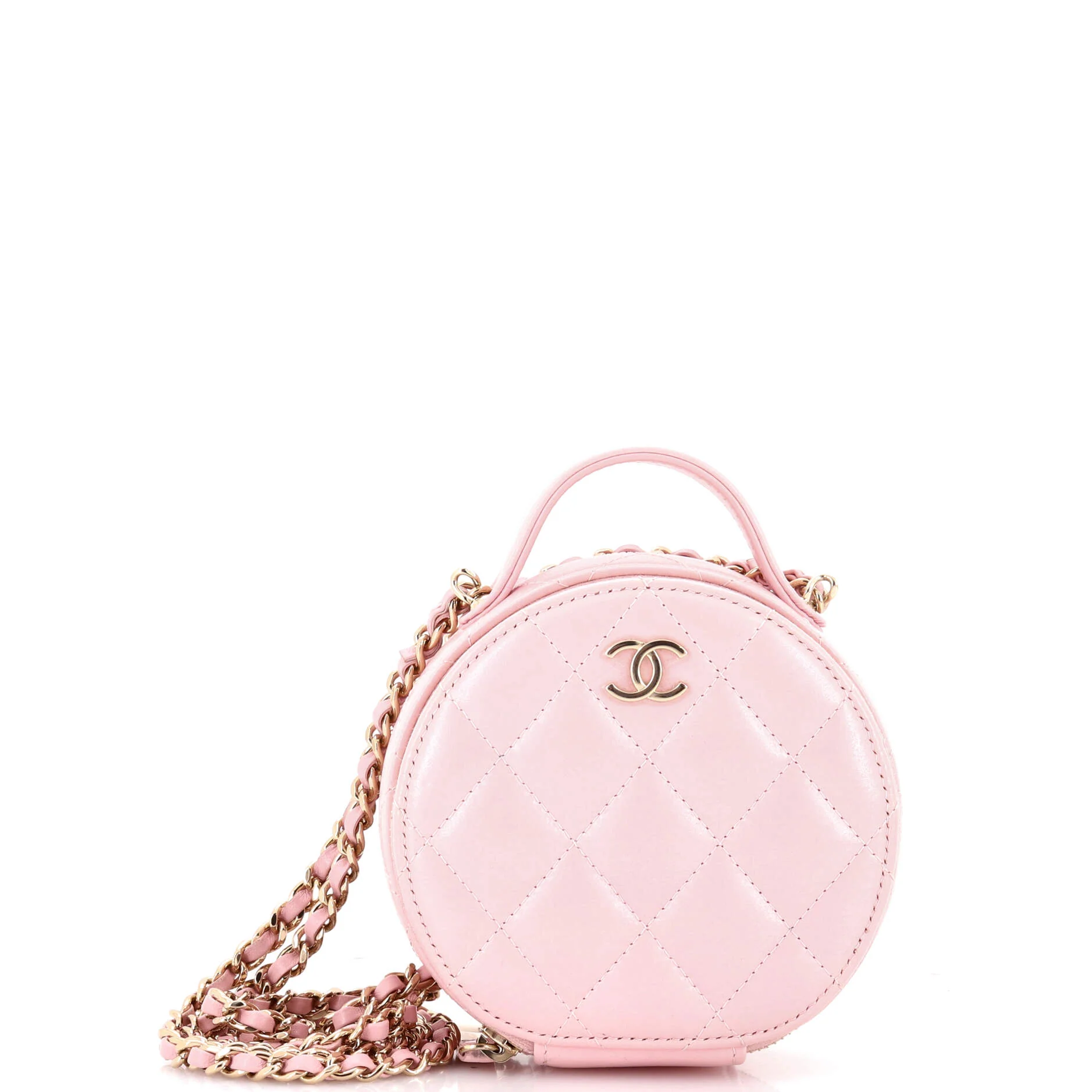 Handle with Care Round Vanity Case with Chain Quilted Lambskin Small