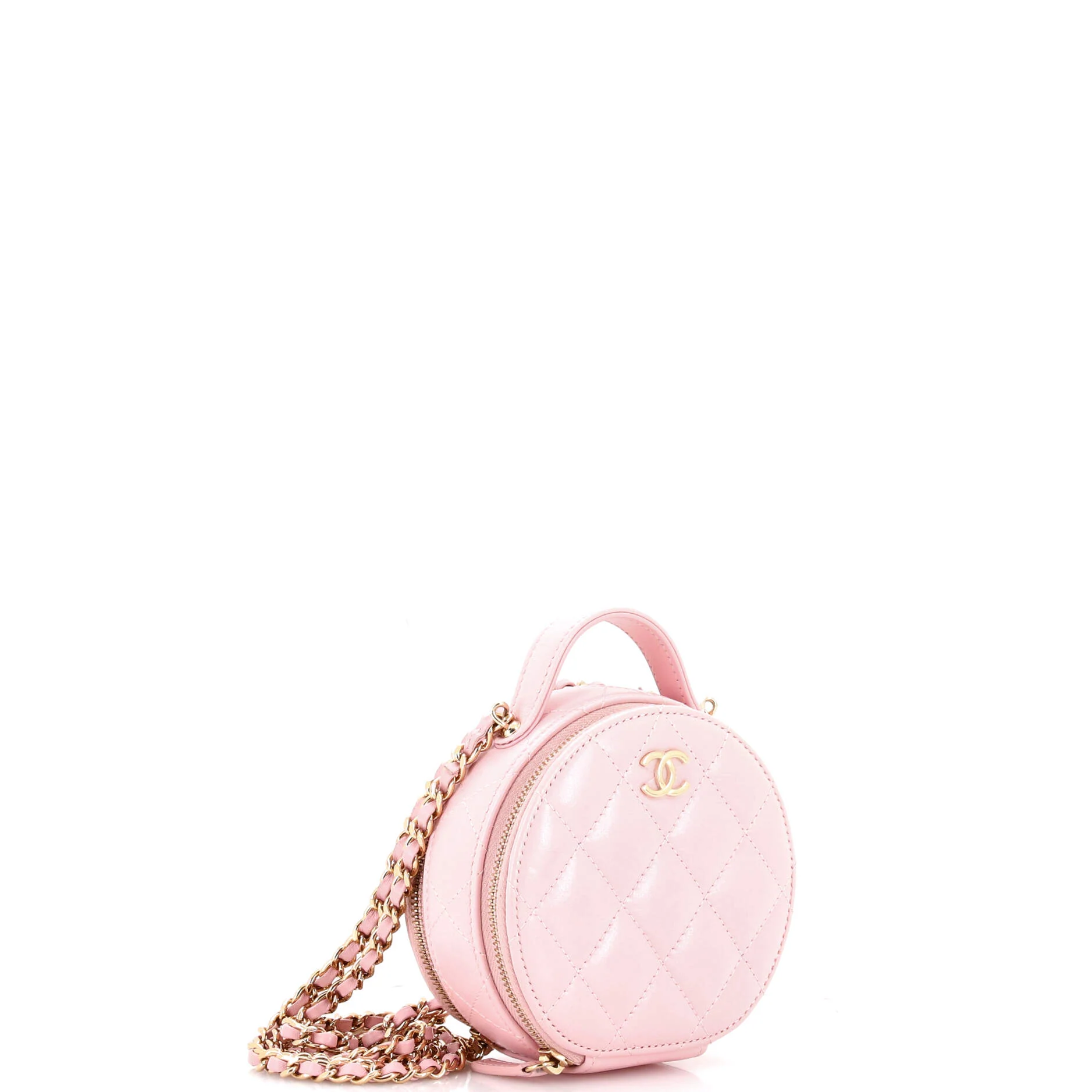 Handle with Care Round Vanity Case with Chain Quilted Lambskin Small - Image 2