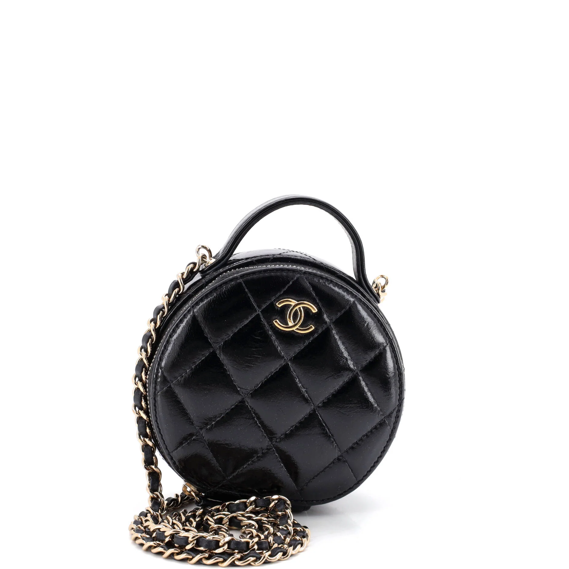 Handle with Care Round Vanity Case with Chain Quilted Lambskin Small