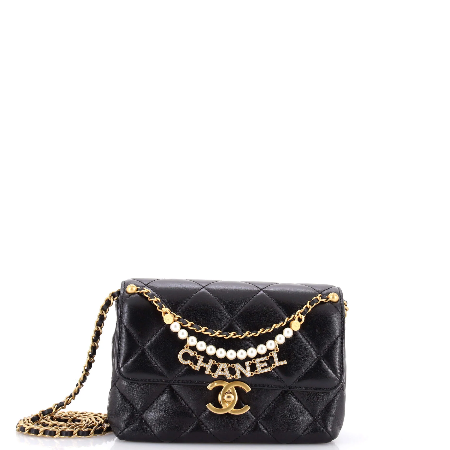 Logo Chains Flap Bag Quilted Lambskin with Faux Pearls and Crystals Small