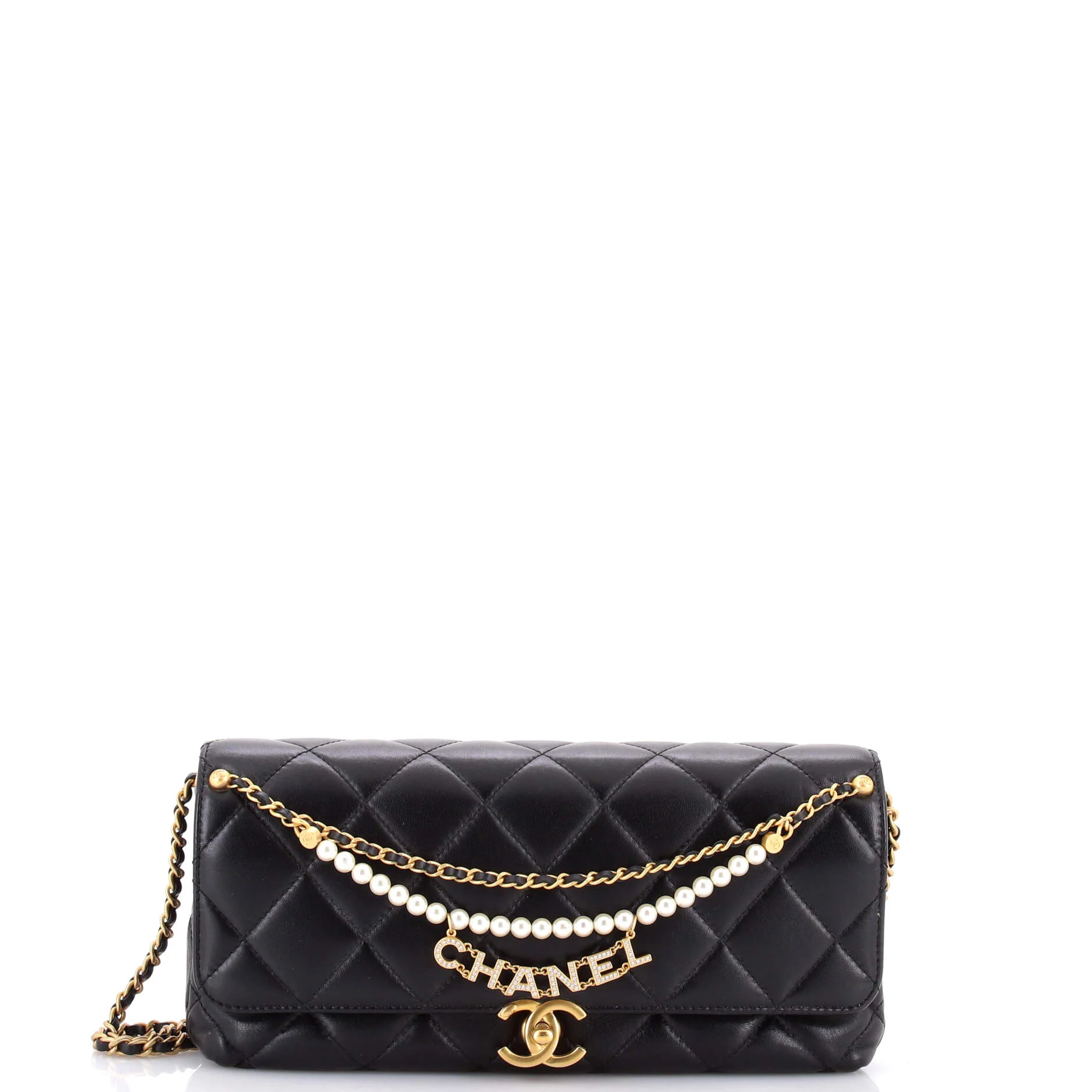 Logo Chains Flap Clutch with Chain Quilted Lambskin with Faux Pearls and Crystals