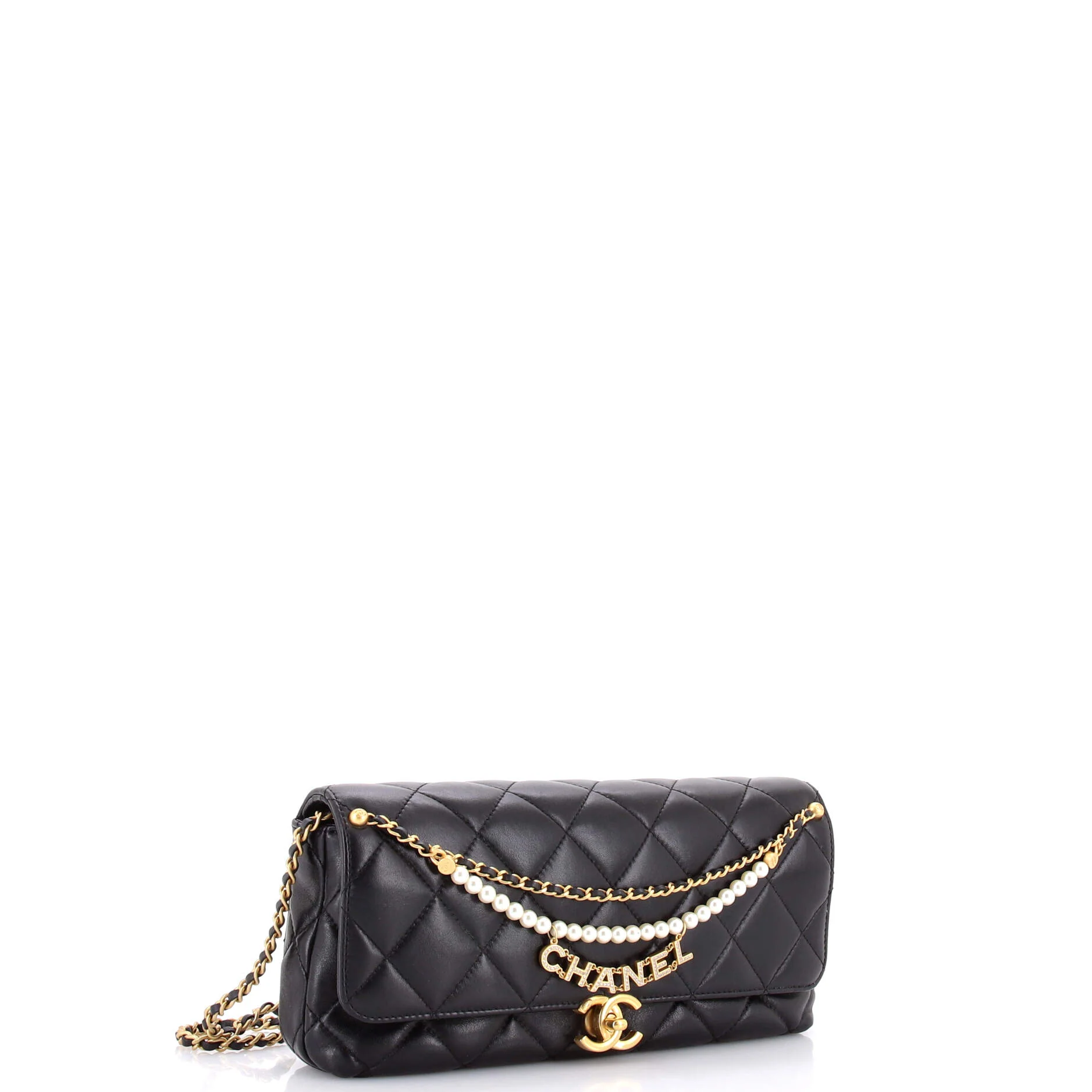 Logo Chains Flap Clutch with Chain Quilted Lambskin with Faux Pearls and Crystals - Image 2