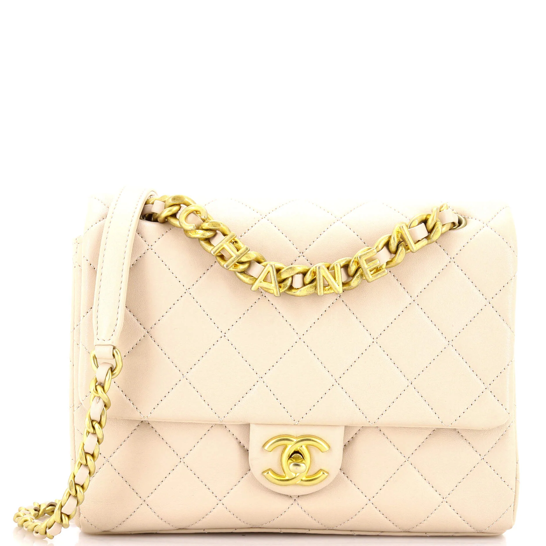 Logo Letters Chanel Touch Chain Flap Bag Quilted Lambskin Medium