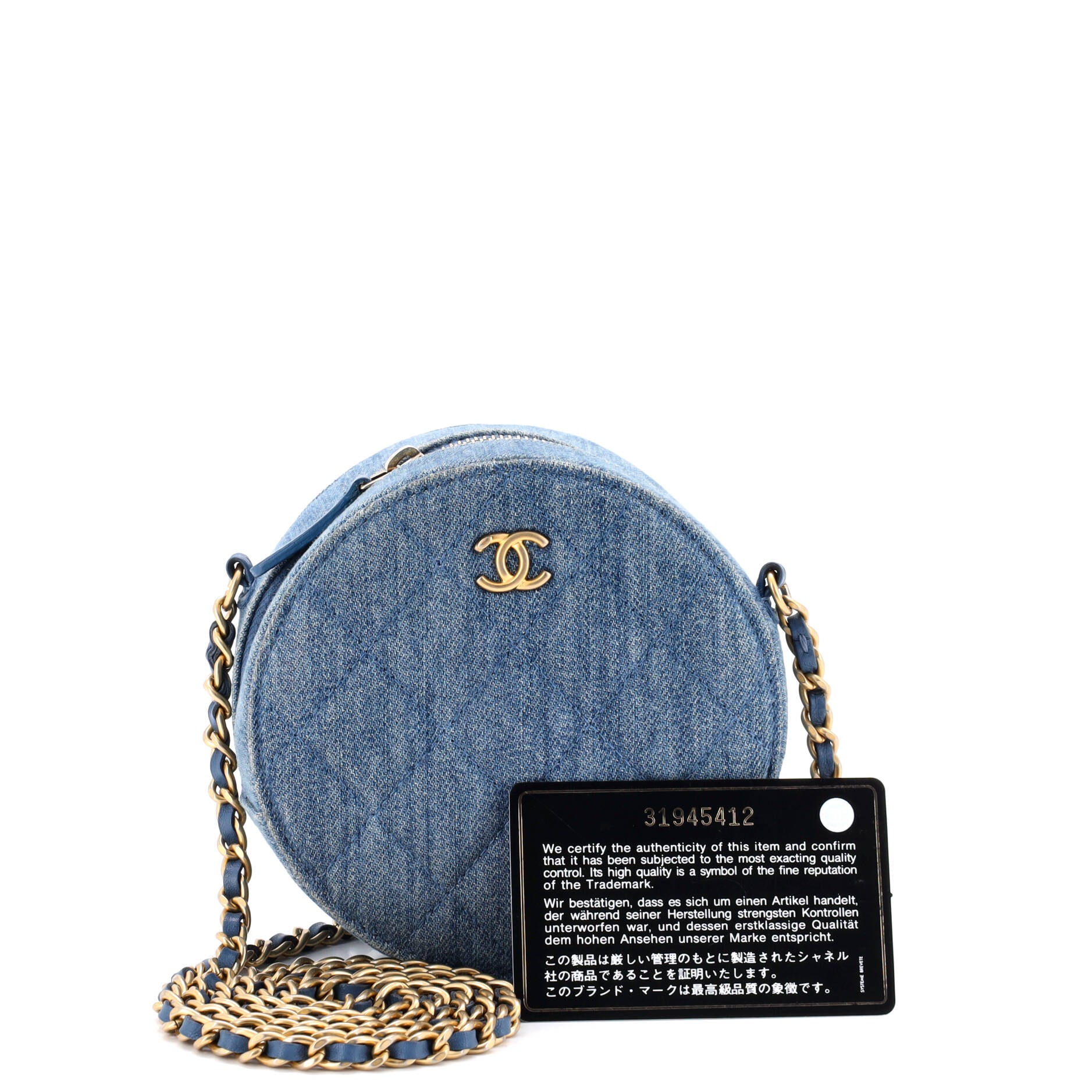 Pearl Crush Round Clutch with Chain Quilted Denim - Image 2