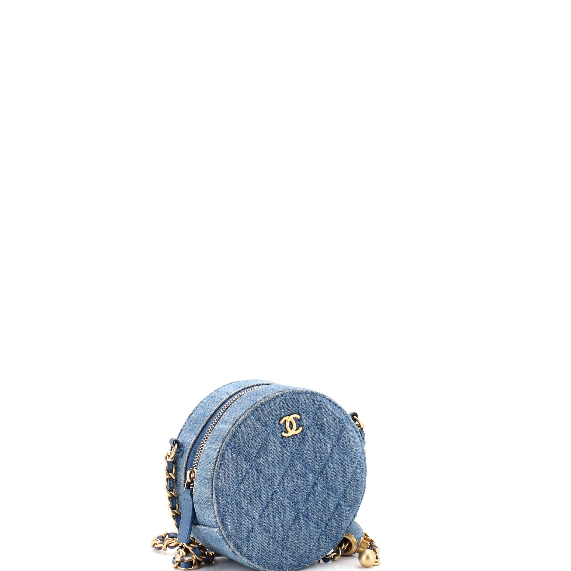 Pearl Crush Round Clutch with Chain Quilted Denim - Image 3