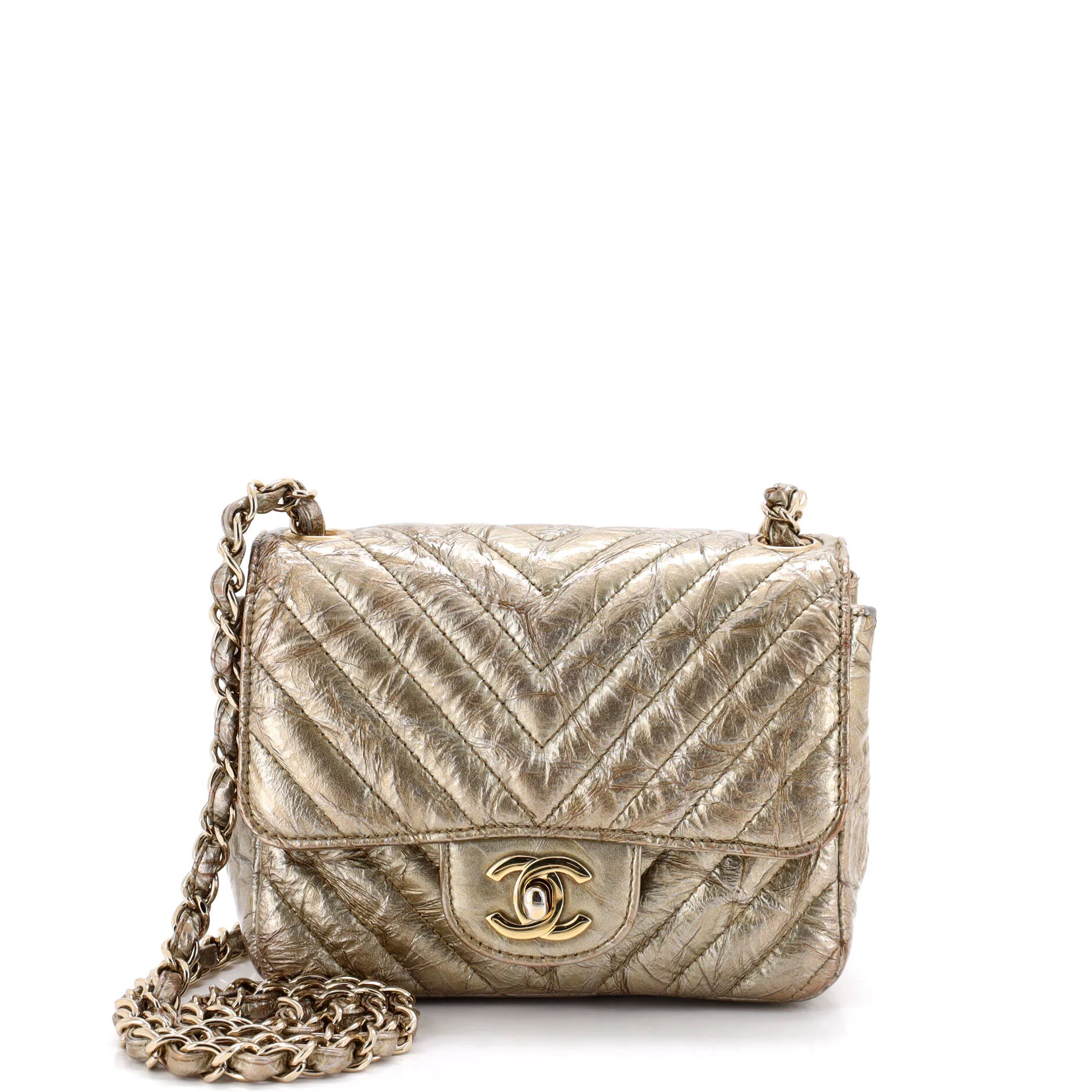 Square Classic Single Flap Bag Chevron Crumpled Metallic Patent Mini